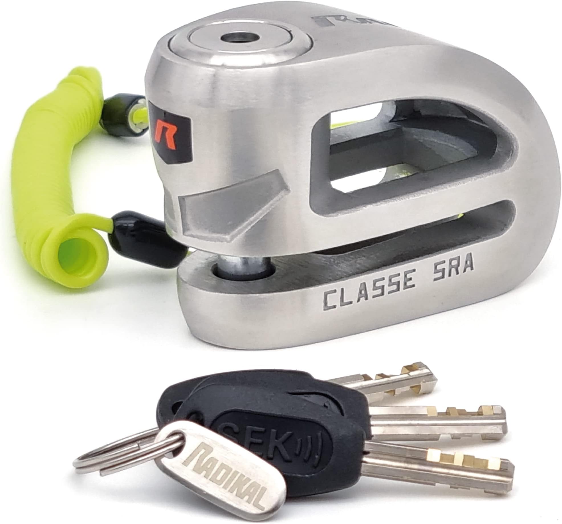 RK310S Premium Disc Lock Homologated SRA Premium, Lighter Design, Stainless Steel, Double Lock ø10mm/0.39in, Reminder Cable, Brake Wheel Lock for Motorcycle Scooter, Electric Bicycle, Ebike