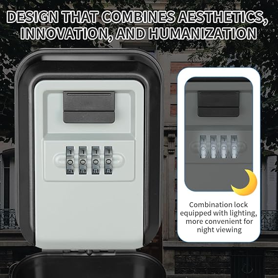 Key Lock Box with Combination lock & Night Light, Portable Large Capacity Key Storage Box Wall Mounted, Resettable Code, Waterproof Security Lock Box for Home, Office, Garage, Realtors Gray(1 Pack)