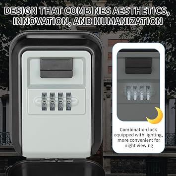 Key Lock Box with Combination lock & Night Light, Portable Large Capacity Key Storage Box Wall Mounted, Resettable Code, Waterproof Security Lock Box for Home, Office, Garage, Realtors Gray(1 Pack)