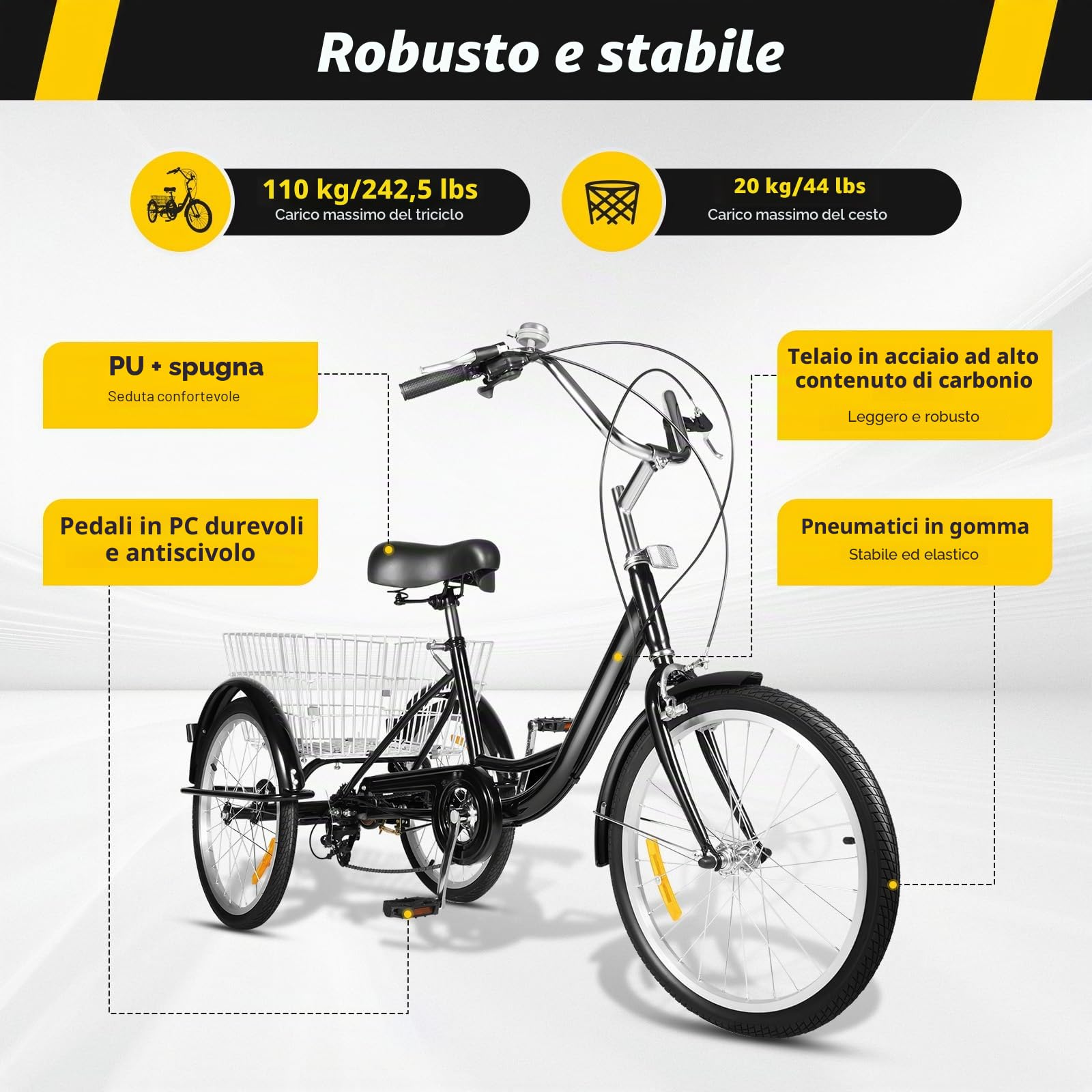 Triciclo per adulti a 8 marce, 20 pollici, con 3 ruote e grande cestino, di alta qualità, nero e bianco, adatto per shopping, viaggi, turismo