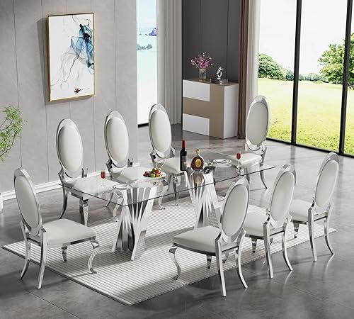 Miniatura 27 de SSLine Moderno juego de mesa de comedor de cristal de 7 piezas para 6 mesas de cocina y sillas de cristal dorado de lujo para 6 elegantes mesas de