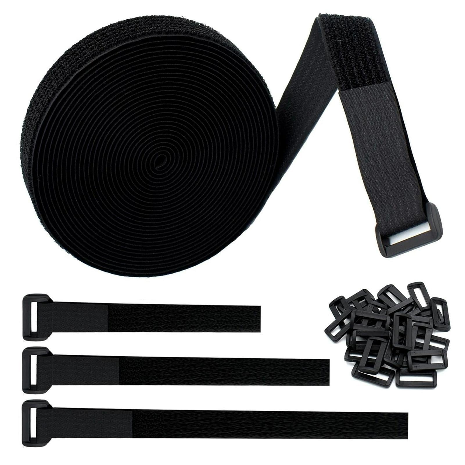5m x 38mm Adjustable Cable Ties Roll with 25 Buckles, Black Reusable Self-Adhesive Fastening Strap, Free Cut Cable Tidy Strap for Wire Management, Cord Organiser and Storage