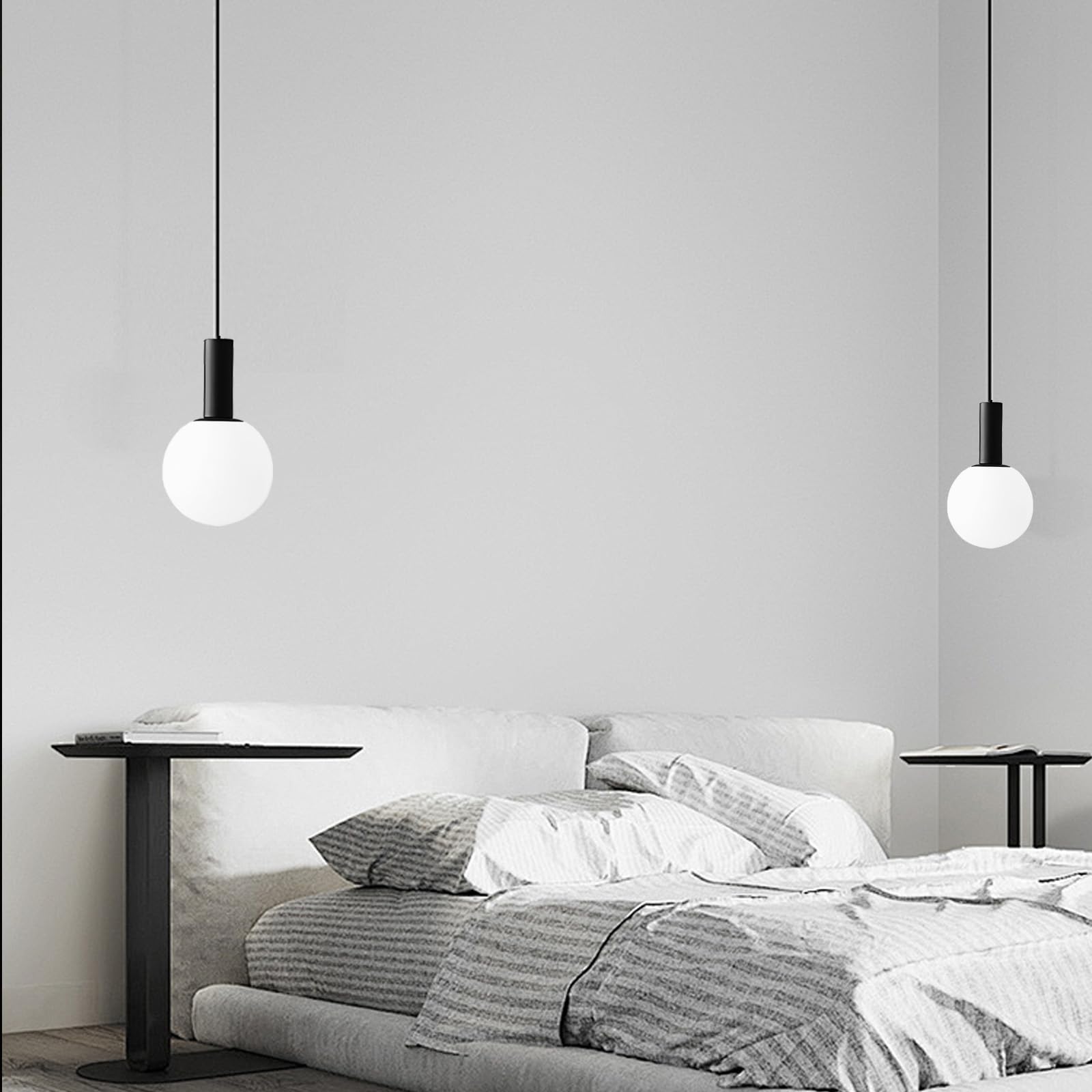 Suspension Luminaire Moderne avec Globe Verre Blanc – LED E14 12W Dimmable, Hauteur Réglable Lampe Suspendu de Plafond pour Chambre, Salon, Salle à Manger (Noir)