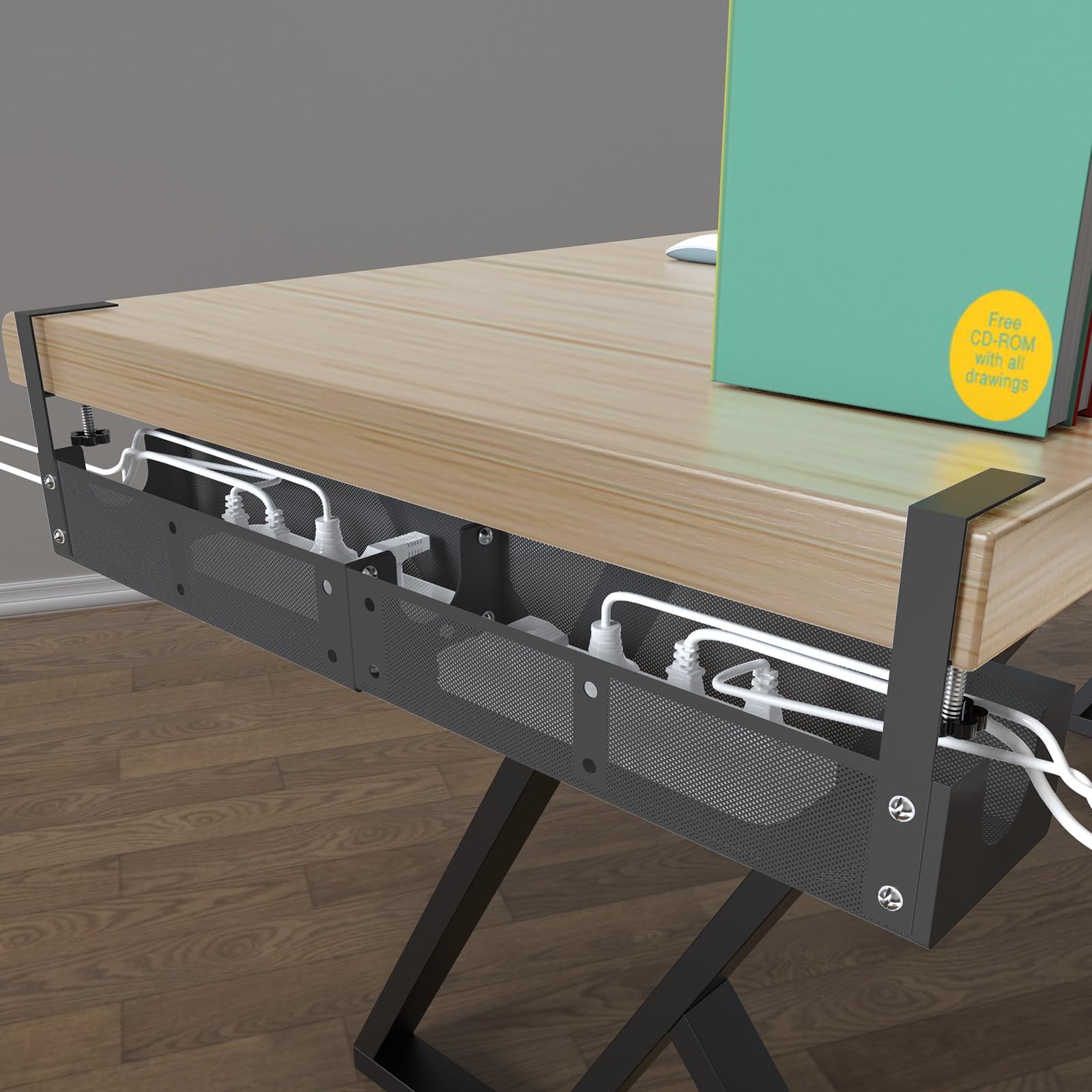 Organizador de cables para debajo del escritorio, organizador de cables de metal para debajo del escritorio, bandeja de gestión de cables, no daña el escritorio (negro)