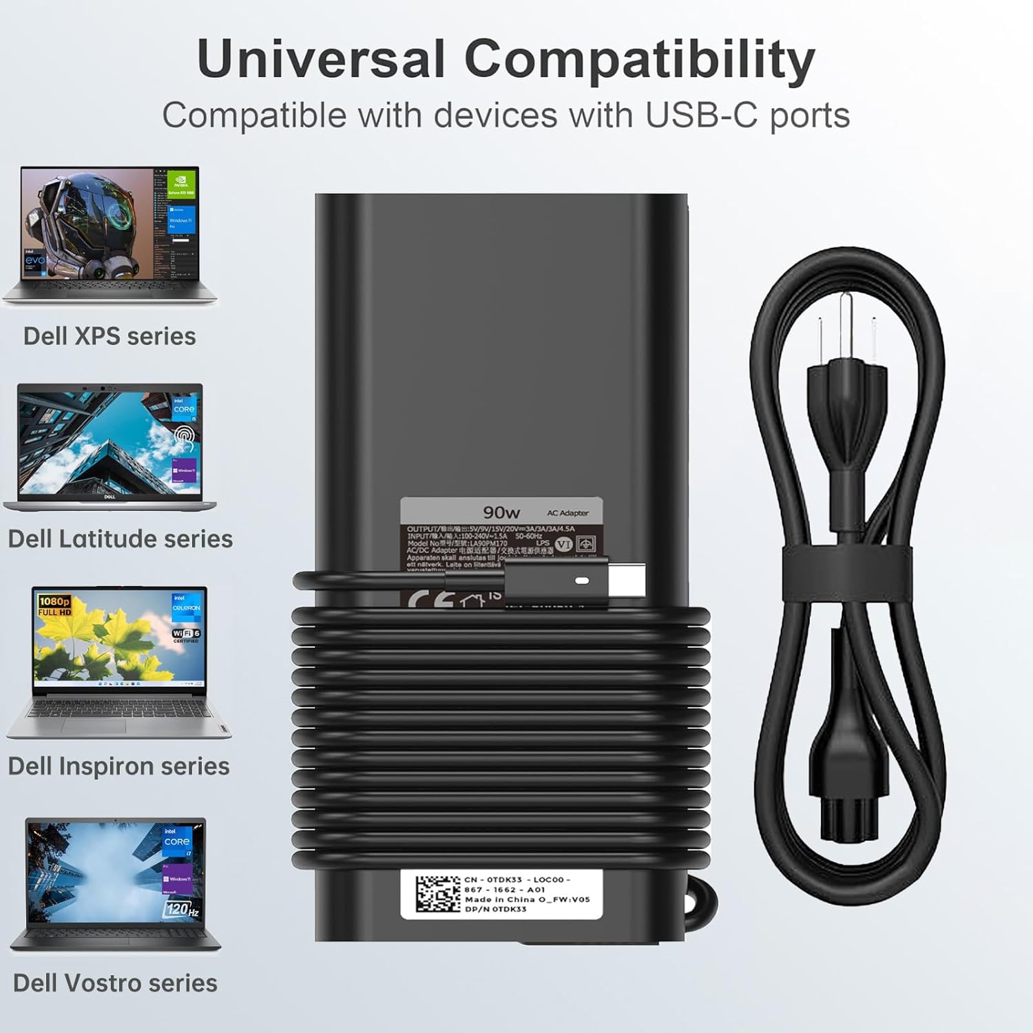 90W USB C Laptop Charger Fit for Dell XPS 13 9365 9360 9370 XPS 15 9500 Latitude 5420 5520 5540 7389 7390 5289 5300 2in1 DA90PM170 LA90PM170 Fast Charger Type C AC Adapter Power Cord (90W USB-C)