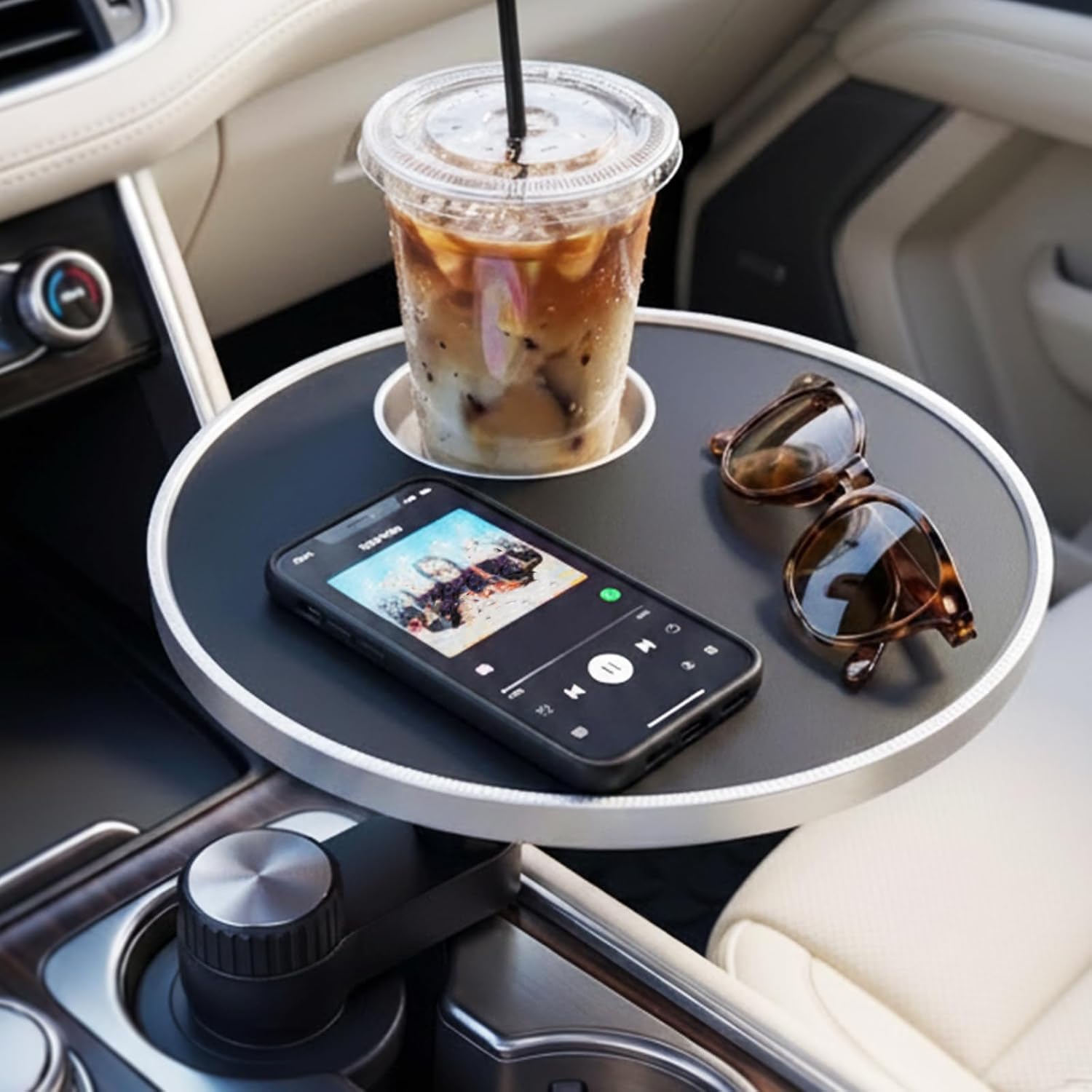 Car Table Tray, 360° Rotating Round Cup Holder Table with Non-Slip Silicone Surface, Car Desk for Food and Laptop, Fits 2.68–3.15 Inch Cup Holders, Compatible with Most Vehicles