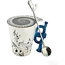 14oz Trumpet Novelty Coffee Mug, Musical Note Ceramic Cup with Trumpet Handle, Includes Lid & Cat Spoon, Unique Gift for Teachers, Music Lovers, Birthday Holiday Gifts for Men Women