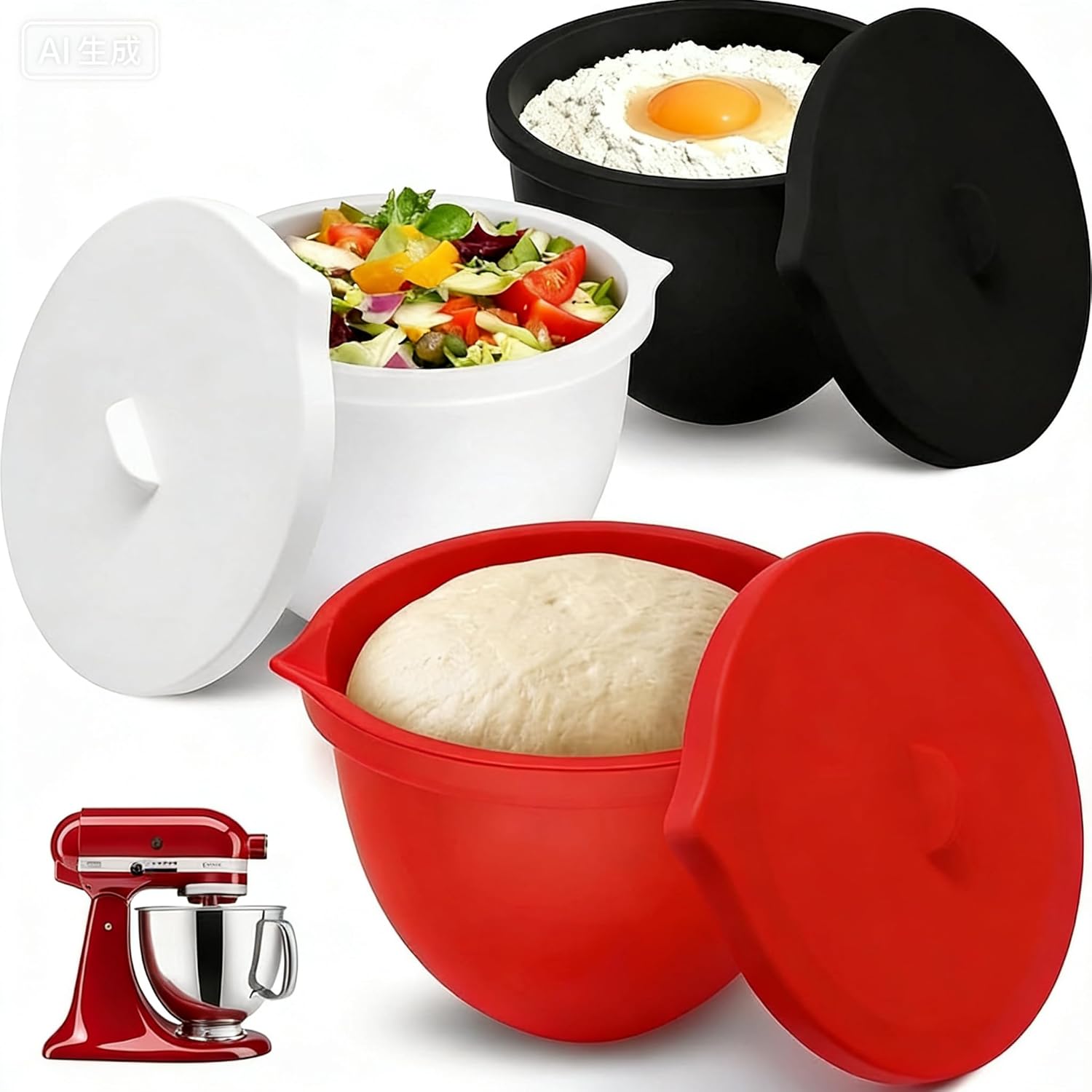 Silicone Bowl Liners for Kitchenaid 5 Qt, 3-Pack Thick Mixing Bowl Liners with Lids, BPA-Free Silicone Bowl Insert, Dishwasher & Microwave Safe, Ideal for Dough Mixing, Batter & Meal Prep