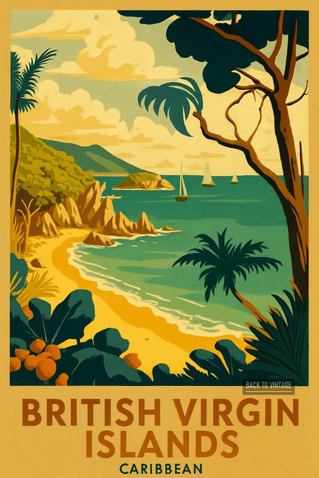 Back To Vintage Multicoloured Vintage Travel Poster Depicting British Virgin Islands Paradise - A4 Travel City Poster Wall Art Home Decor Art Print With Iconic Landmarks And Global Views For Culture Inspired