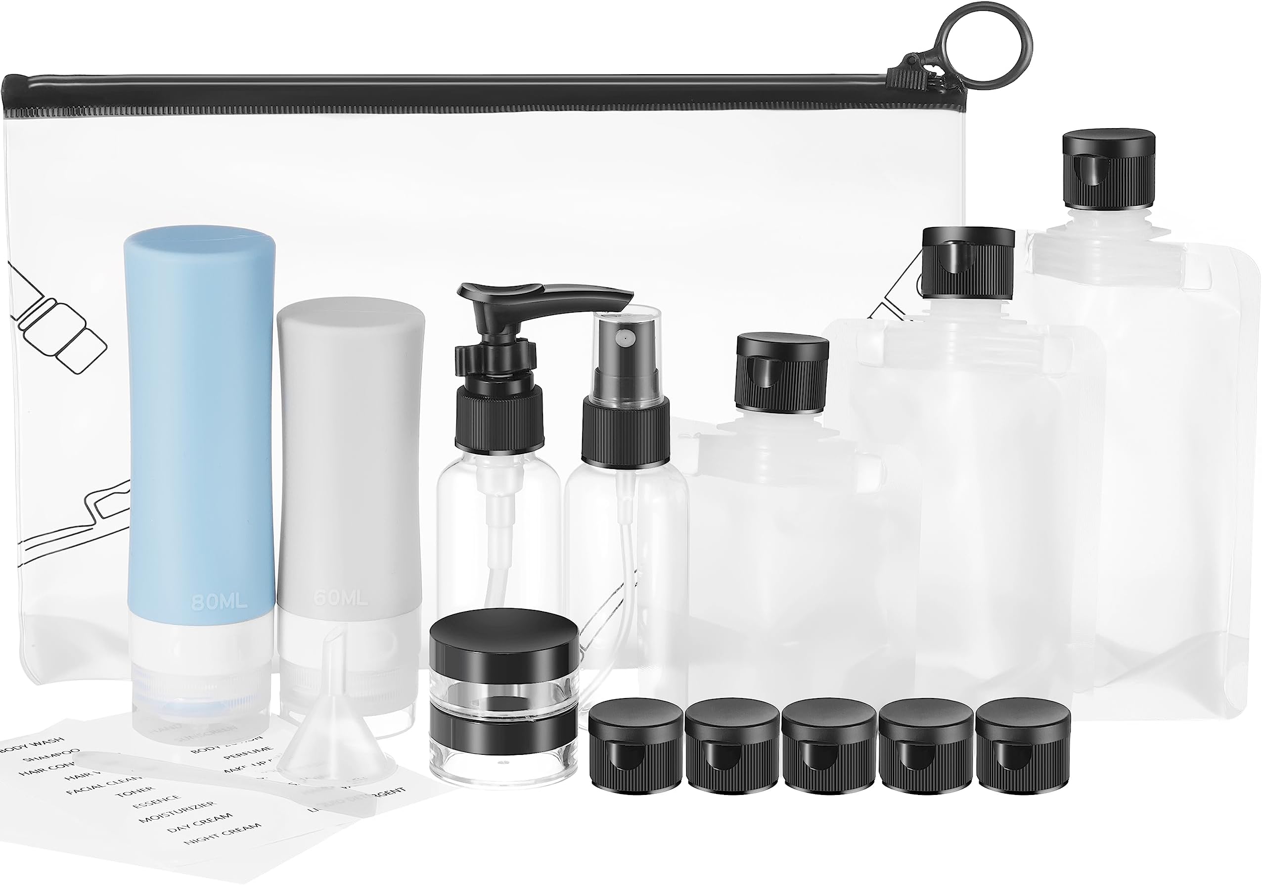 Freude TSA-Approved Travel Bottle Kit - Empty Silicone Leak-Proof Containers with Labels, Cream Jars, Spray Bottles and Toiletry Bag for All Your Travel Size Toiletries (B2)