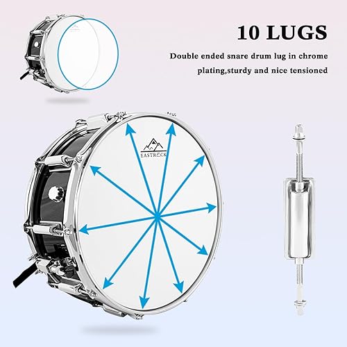 Miniatura 51 de EASTROCK Juego de batería de caja de 14 x 5.5 pulgadas para estudiantes principiantes con bolsa de concierto, baquetas, soporte, llaves de batería