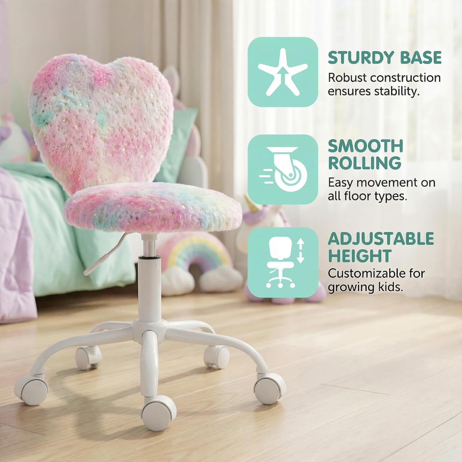 chairus Kids Desk Chair Faux Fur Study Chair for Teenage Girls, Adjustable Heart Shaped Kids Vanity Chair for Bedroom Reading Living Room, Small Cute Student Task Chair with White Foot, Colorful