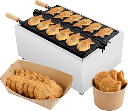 Taiyaki Fish Waffle Maker Non-stick Fish Shaped Waffle Maker Taiyaki Fish-Shaped Pancake Machine 6-slot Design Double-sided Heating Temperature Adjustalbe 110V