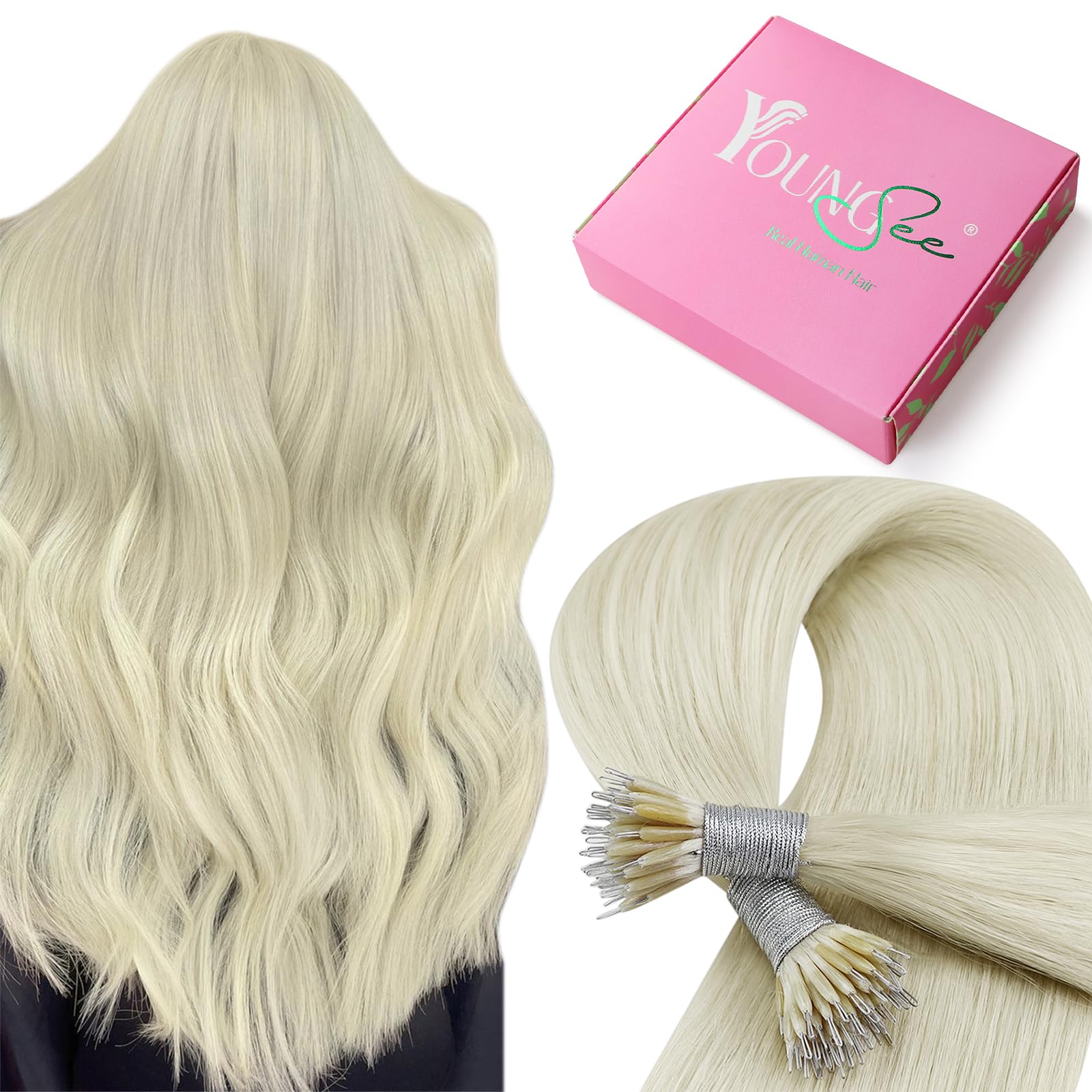 YoungSee Nano Beads Hair Extensions Blonde 14inch Nano Hair Extensions Warm Ash Blonde Highlights Bleach Blonde Nano Ring Hair Extension Highlight for Women Cold Fusion 50g Short Straight 50s — view 38