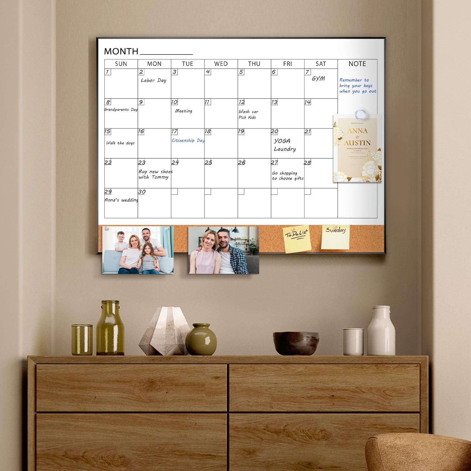 Whiteboard-Kalender & Korkboard-Kombination 60 x 45 cm Magnetisches Whiteboard mit Kalender Schwarzer Rahmen Monatsplaner