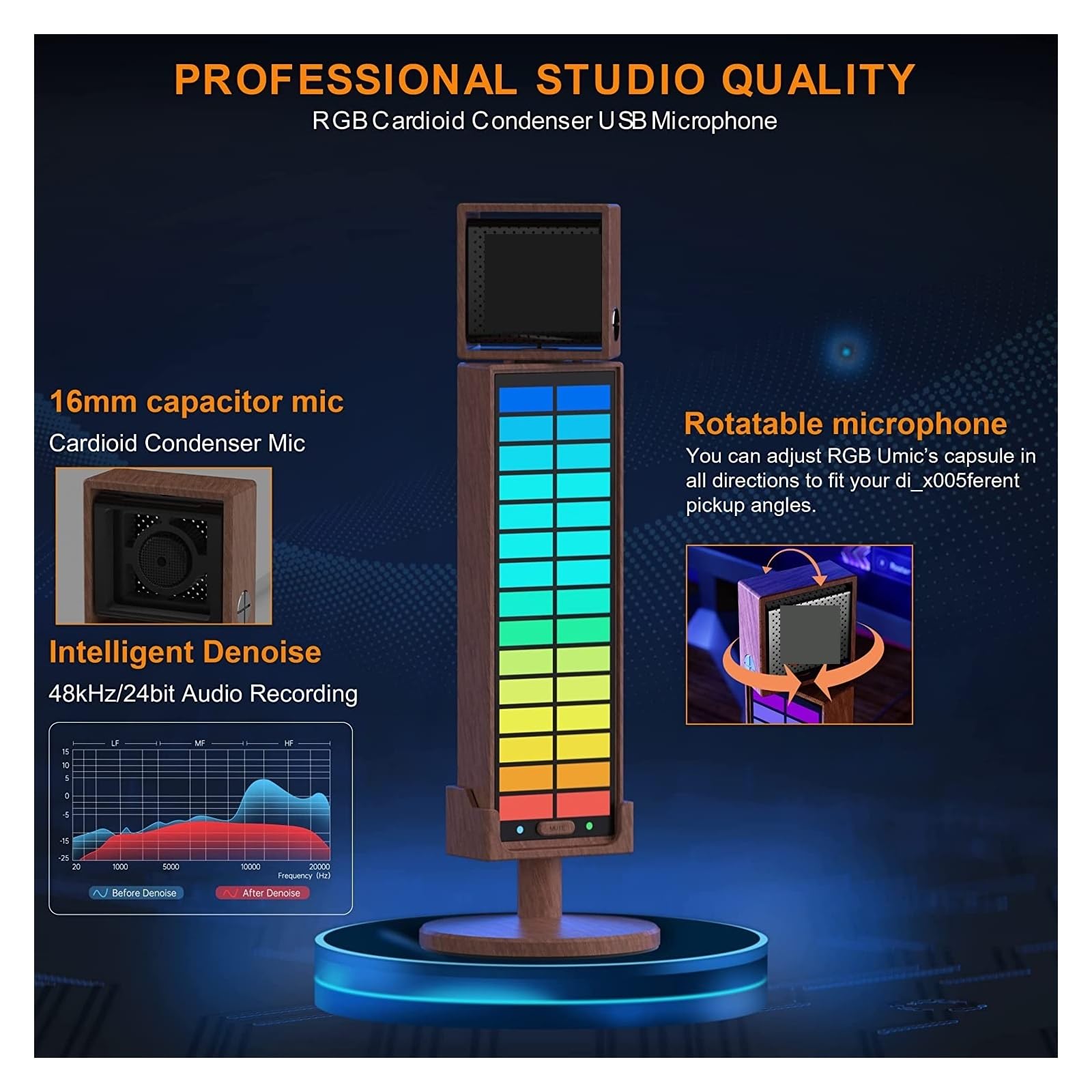 Sprzęt do podcastów, RGB Umic mikrofon pojemnościowy kardioidalny USB do smartfona PC Laptop(USB RGB MIC)