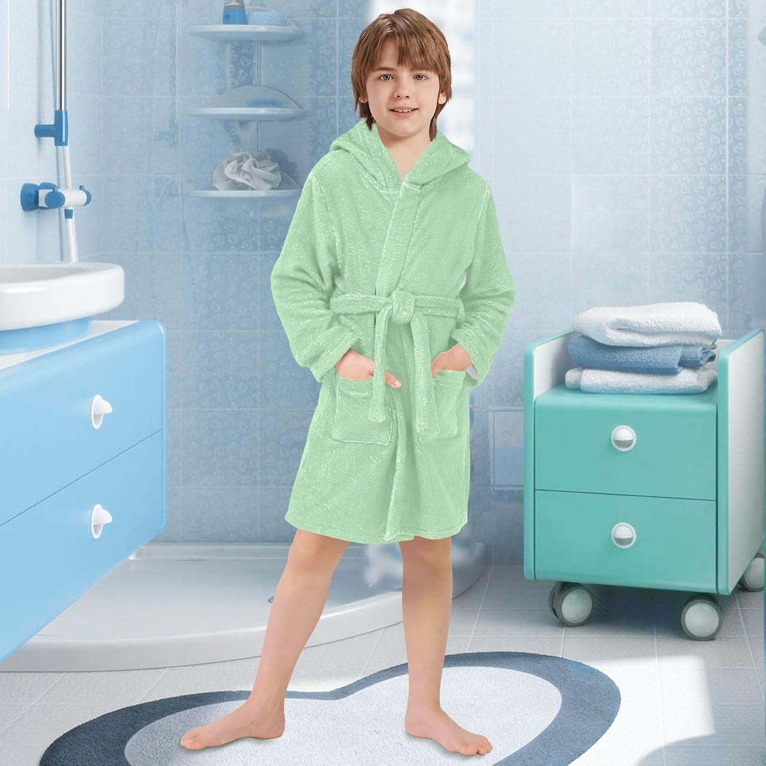 ODAWA Celadon Kids Bathrobe, Soft Plush Hooded Towel Robe for Boys Girls, Quick Dry Bathrobes with Pockets