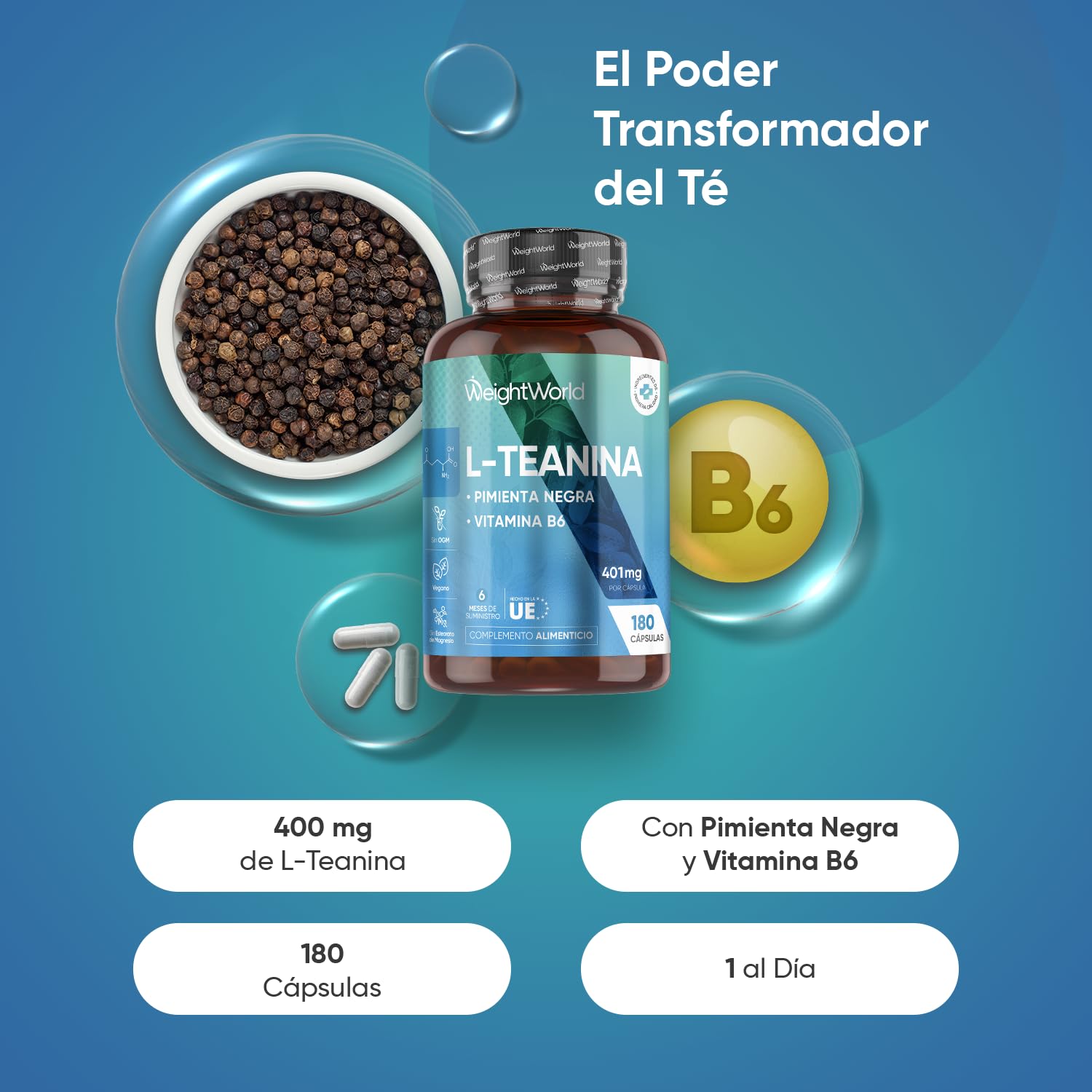 L Teanina 400mg con Vitamina B6 y Pimienta Negra - 180 Cápsulas de las Hojas del Té Verde y Negro para 6 Meses de L Theanine Vegano, Sin OGM y Sin Lactosa