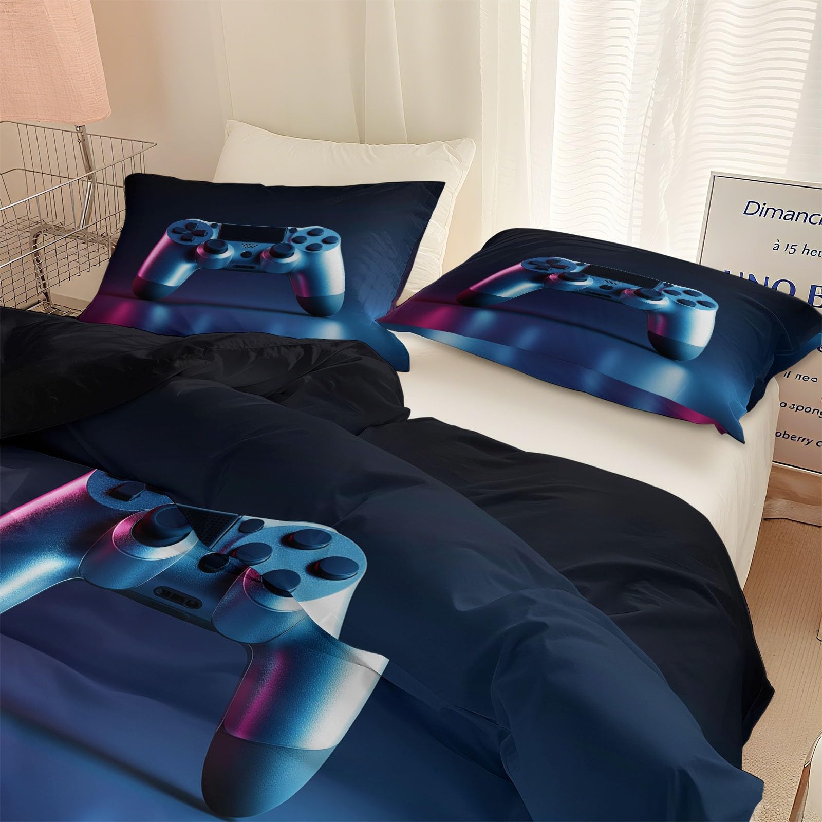 Juego de Funda Nórdica Cama 105/135 de 3 Piezas - Funda Edredon Doble Azul Oscuro Suave Reversible, Funda Nordica Neón Fantasía Moderno Mando para Adolescentes Niña Niño 180 x 220 cm