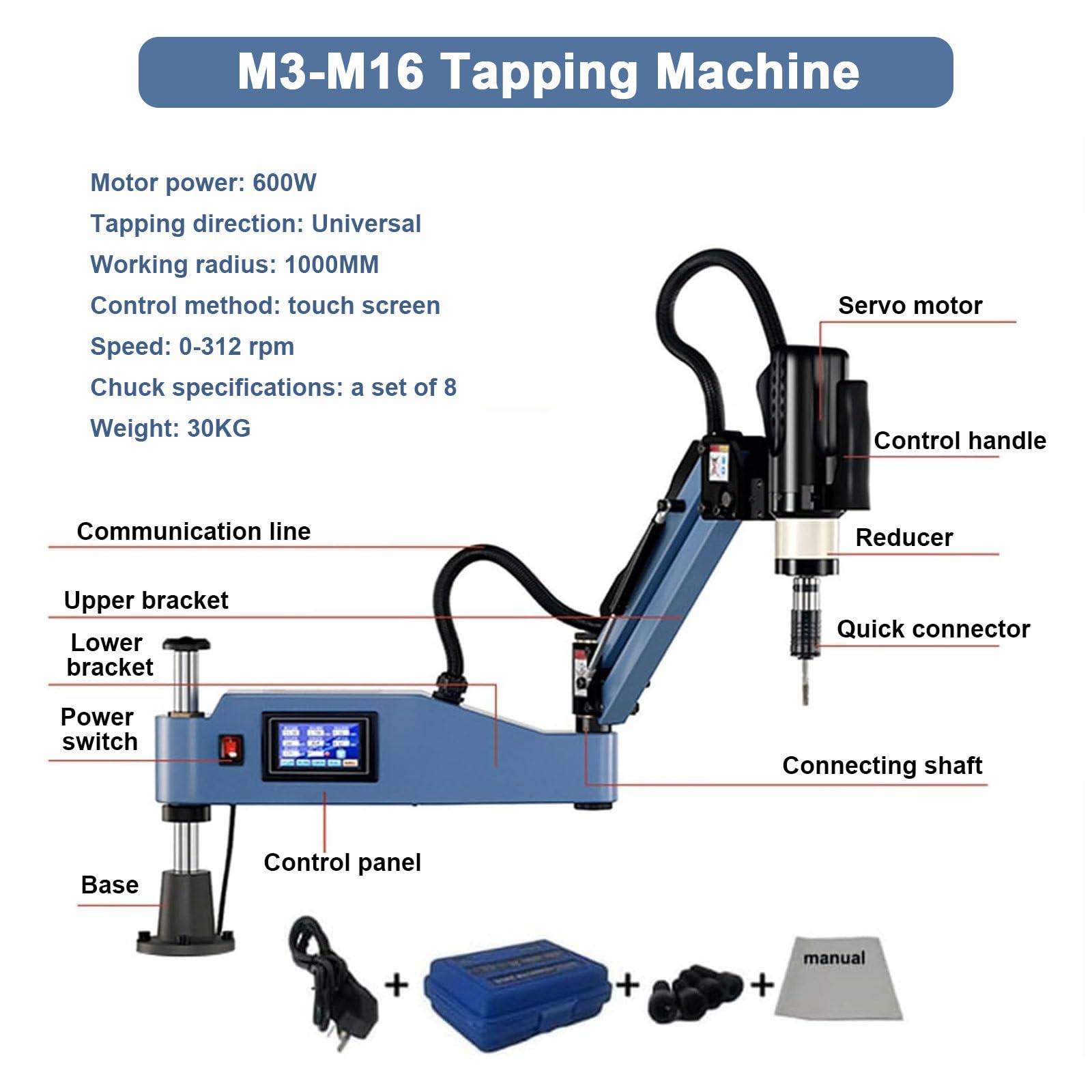 Maschiatrice per Foratura M3-M16, Maschiatrice elettrica da 1000 mm, Braccio per maschiatura Universale a 360 Gradi, Maschiatrice elettrica per Filettatura