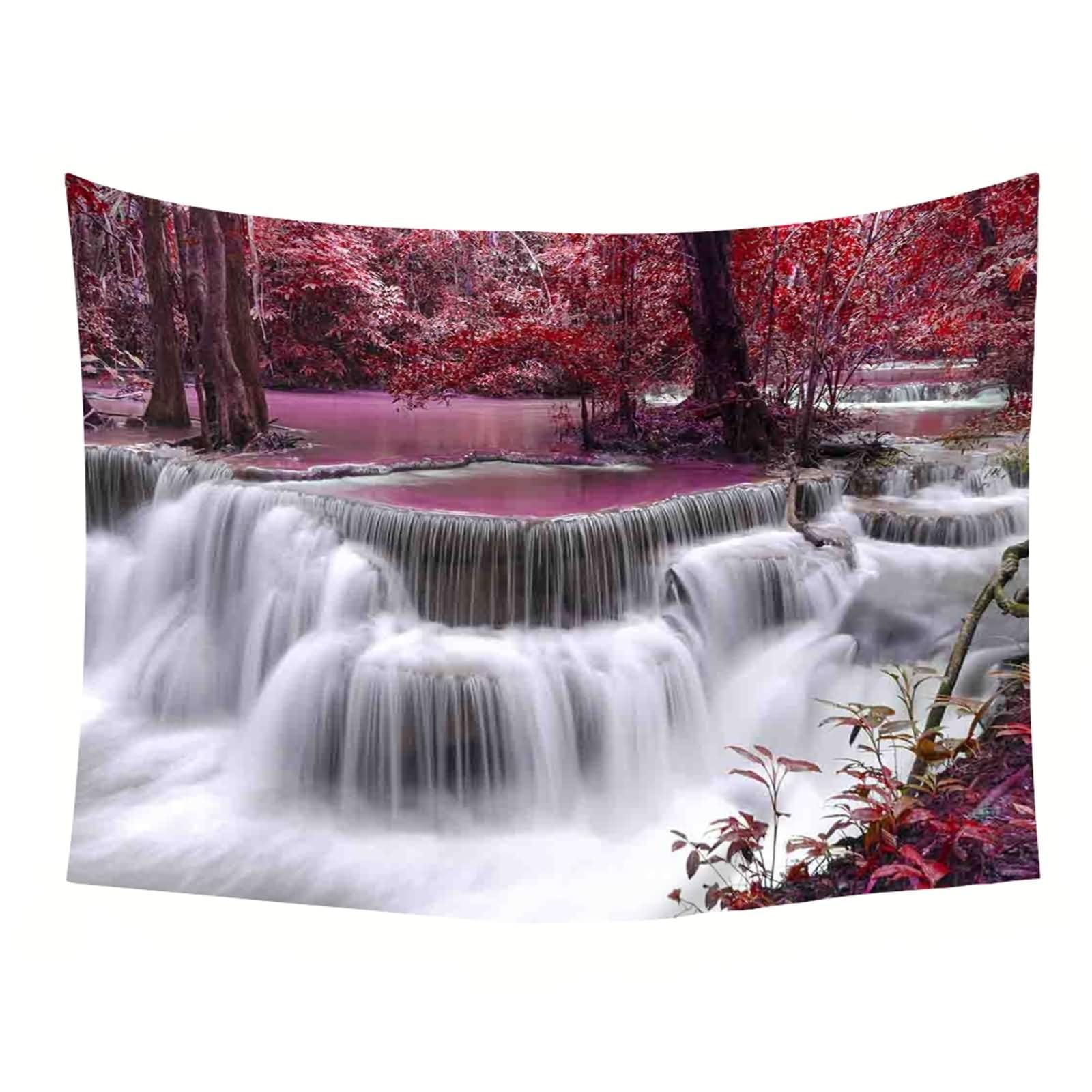 Homxi Wandteppich Landschaft 260 x 240 CM,Wasserfall Waldlandschaft Tapestry Wandbehänge Polyester Rot Grau Weiß