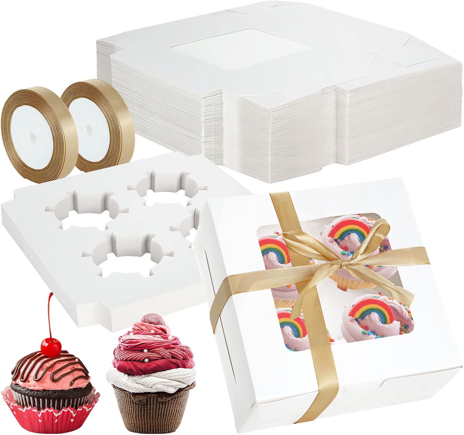 GOYADA 50 Pack 4 Hole Cupcake Boxes with Window, 16x16x7.5cm White