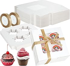 GOYADA 50 Pack 4 Hole Cupcake Boxes with Window, 16x16x7.5cm White Cupcake Boxes with Ribbons, Cupcake Carrier Holder with Insert for Cupcakes, Cookies, Brownies, Donuts