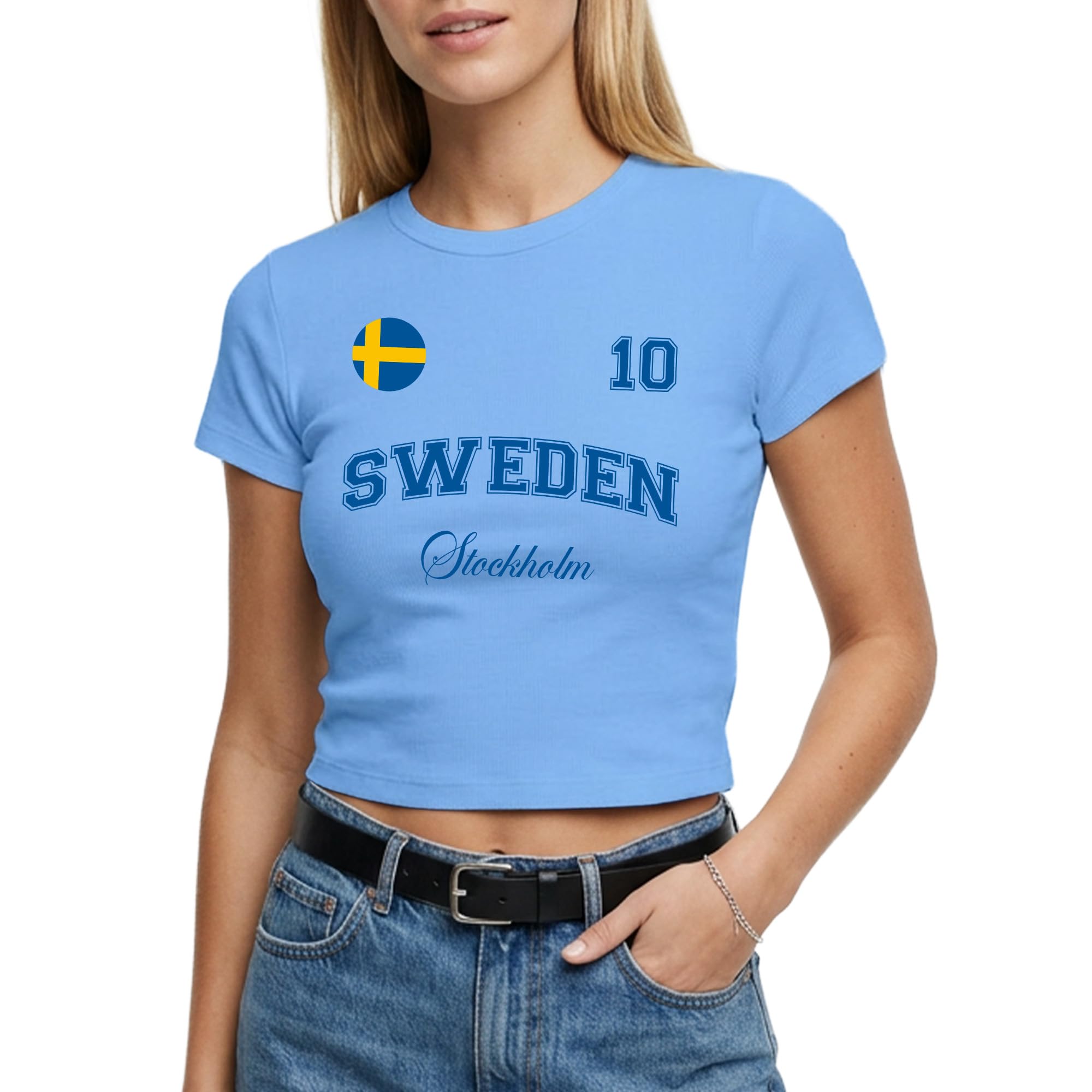 Sweden Womens Baby Tee - Custom City Name Number Badge Short Top Tshirt Ladies Swedish Supporter Fan Top, XL, Light Blue