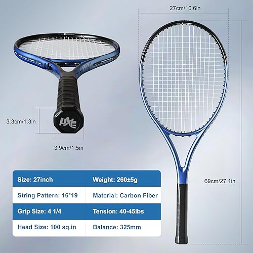 Miniatura 2 de HXE Raquetas de tenis, raqueta de tenis preencordada de fibra de carbono de 27 pulgadas para adultos con pelota, agarre y bolsa de transporte