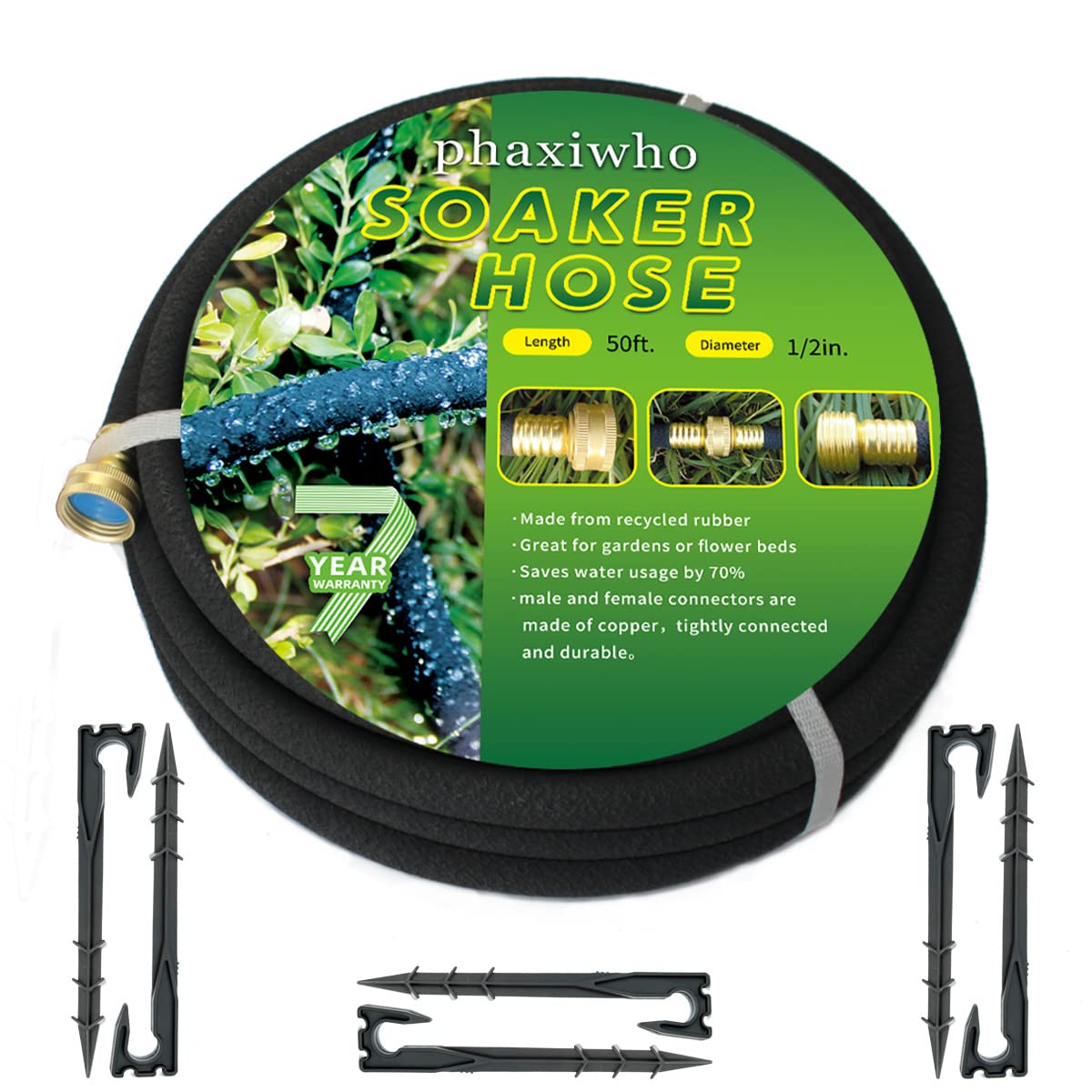 1/2 inch Garden Soaker Hose 50 FT，75FT Soaker Hose for Garden heavy-duty drip irrigation hose solid brass connector saving 70% water for Garden flower beds (50FT)