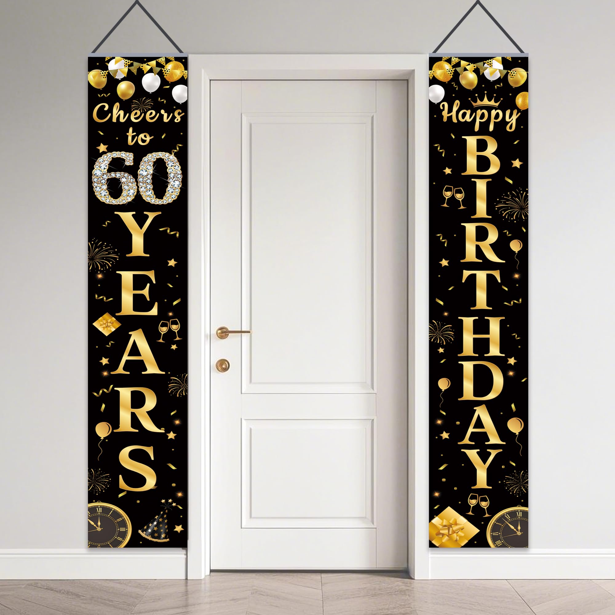 Deko 60. Geburtstag Mann Frau - Geburtstagsbanner Happy 60 Birthday Hintergrund Dekoration Schwarz Gold, Geburtstagsdeko Banner für 60 Geburtstagsparty Zubehör 180 x 30cm