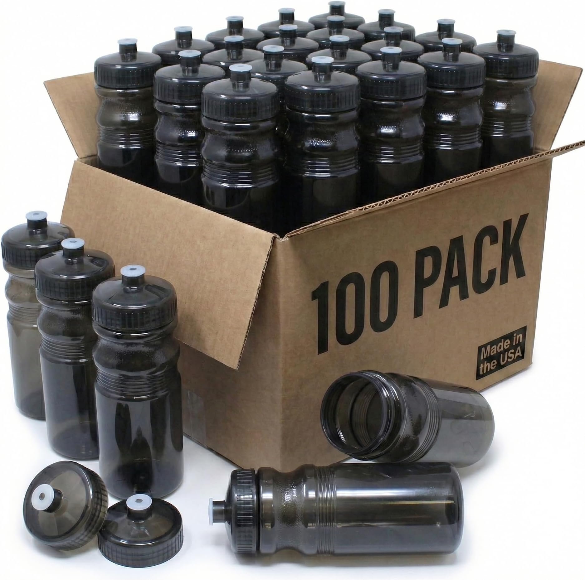 Reusable Bulk Water Bottles 100 Pack - 24 Oz Sports Water Bottles, USA Made, BPA-Free, Wide Mouth for Easy Cleaning, Break Resistant - Translucent Charcoal Bottle/Charcoal Lid