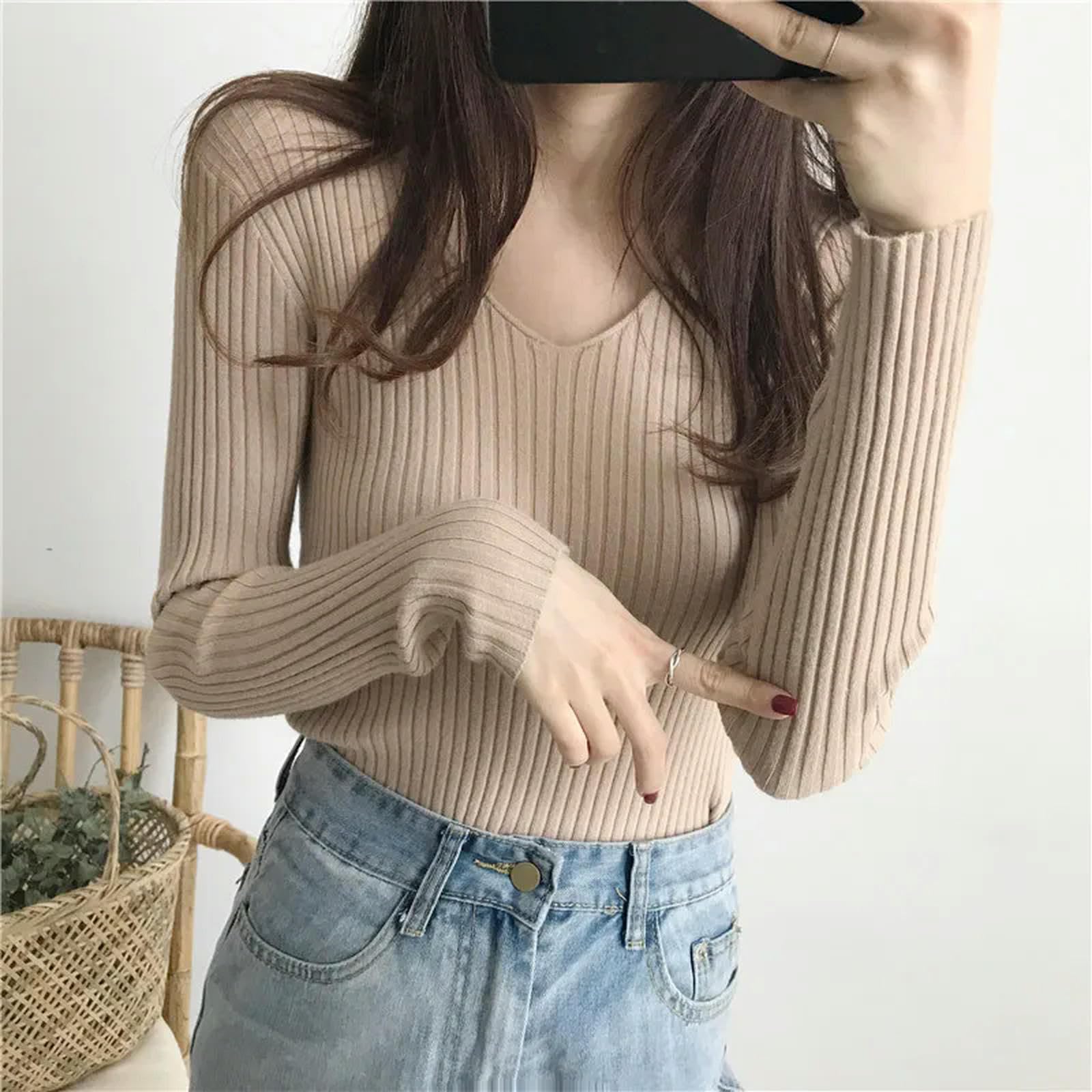 Ropa Mujer Suéter De Otoño V Cuello Suéter Tejido De Moda Delgada Cima De Invierno para Mujeres Jersey Jersey-Gris-Talla Única