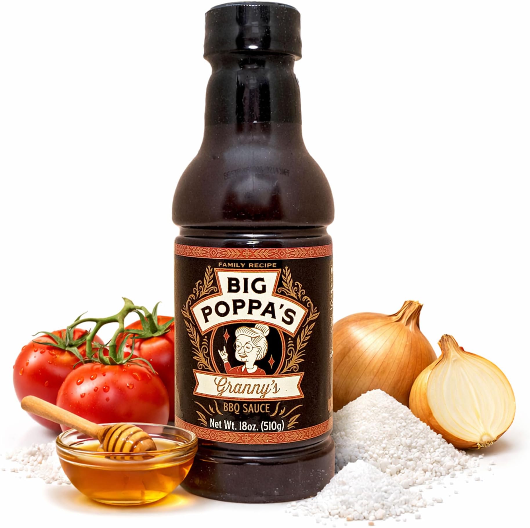 Big Poppa’s Granny’s BBQ Sauce – Award-Winning Sweet BBQ Sauce for Chicken, Pork and Beef – Thin Glaze-Style, Mild Heat, Crowd-Pleasing Flavor for Ribs, Pulled Pork and Family BBQs – 18 oz Bottle