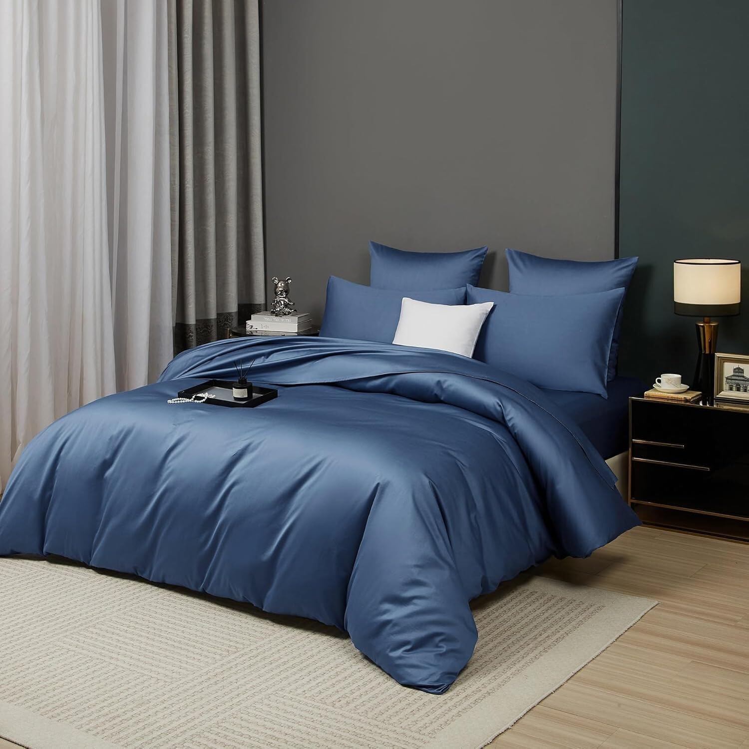 Luofanfei Ropa de cama de satén Mako, 155 x 220 cm, de algodón, diseño liso, transpirable, suave, no necesita planchado, funda nórdica y 2 fundas de almohada de 80 x 80 cm