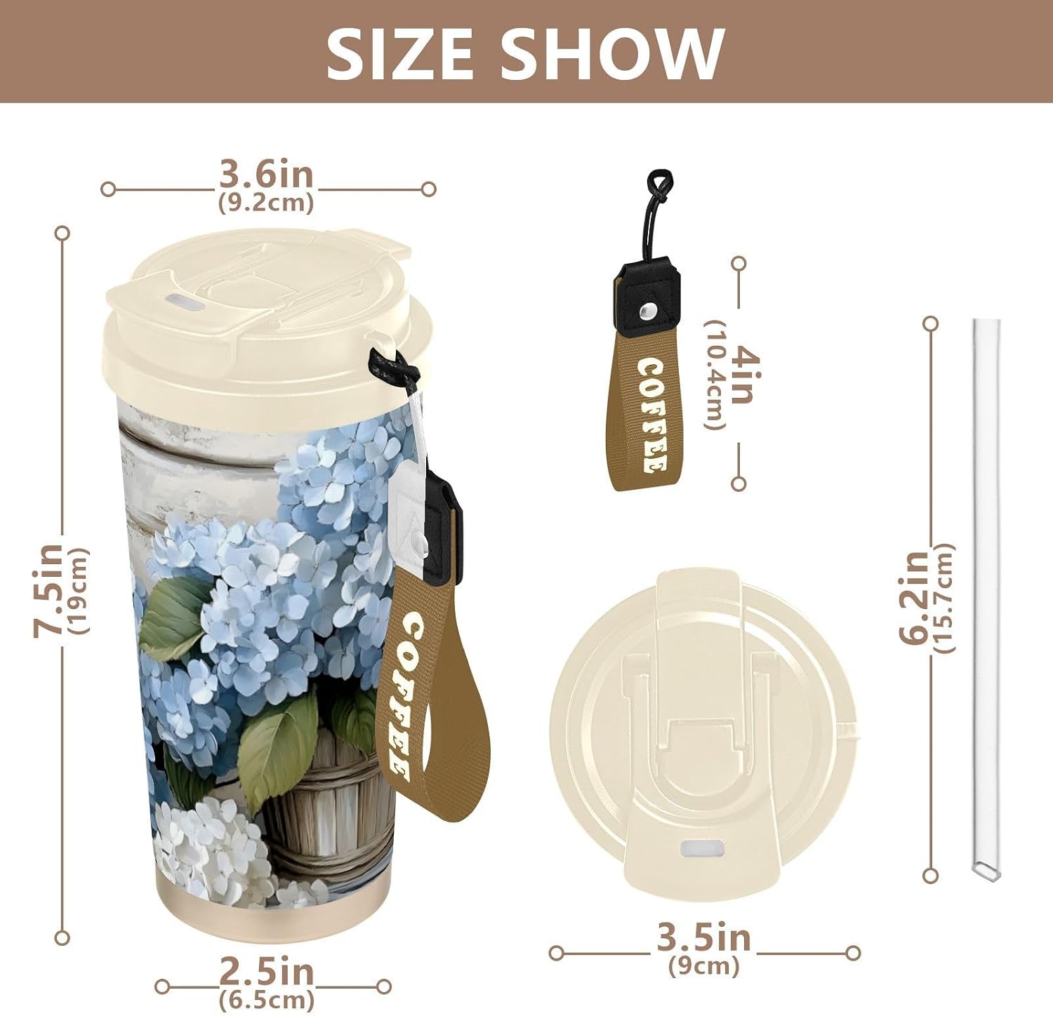 Hydrangea Wood Art Insulated Coffee Mug with Straw & Flip Lid, 16.9oz Iced Tumbler Cup, Double Wall Vacuum Leak-Proof Mug for Travel Office