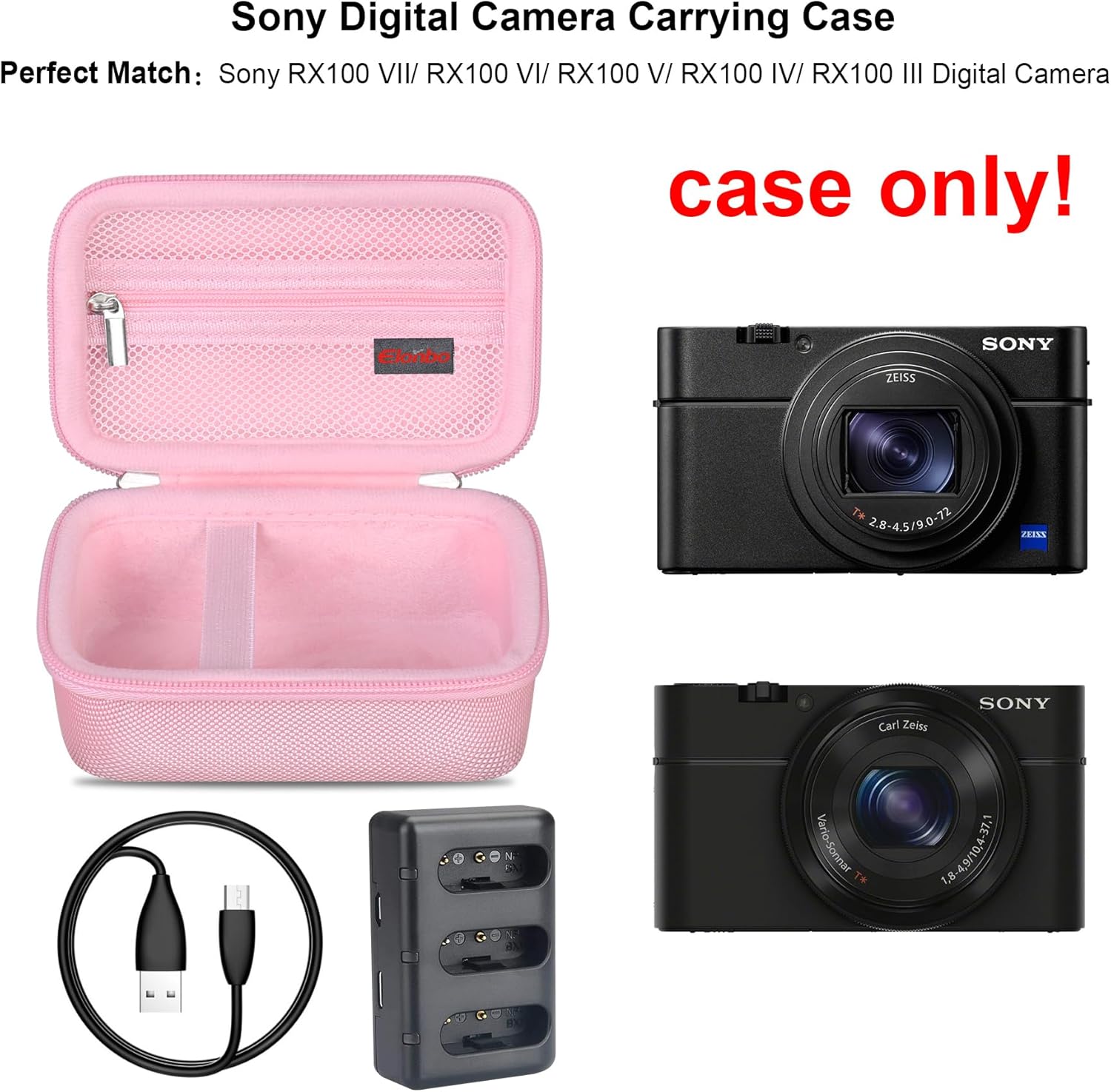 Elonbo Carrying Case for Sony RX100 VII/ RX100 III/ RX100 VI/ RX100 V/ RX100 IV/ RX100 II/ RX100 Digital Camera, Sony RX100 Vlogging Camera Hard Travel Bag, Mesh Pocket fits Battery Cable, Pink - Image 2