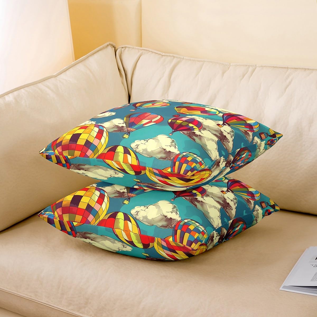 Kids Hot Air Balloon Set Of 2 Throw Pillow Covers Rainbow Balloon Cushion Covers Cartoon White Cloud Sky Pillow Covers Aviation Journey Decorative Pillow Covers For Teens Boys child,24x24 Inch