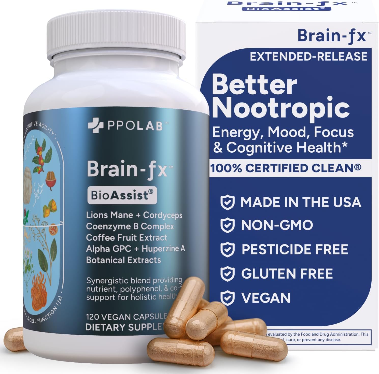 PPO Lab® Brain-fx™ Extended-Release Vitamins for Brain Health, Supplement for Memory and Focus with Nootropics, BDNF Factor, Methylated B Complex, L-Theanine, Lions Mane, Alpha GPC - 120 Capsules