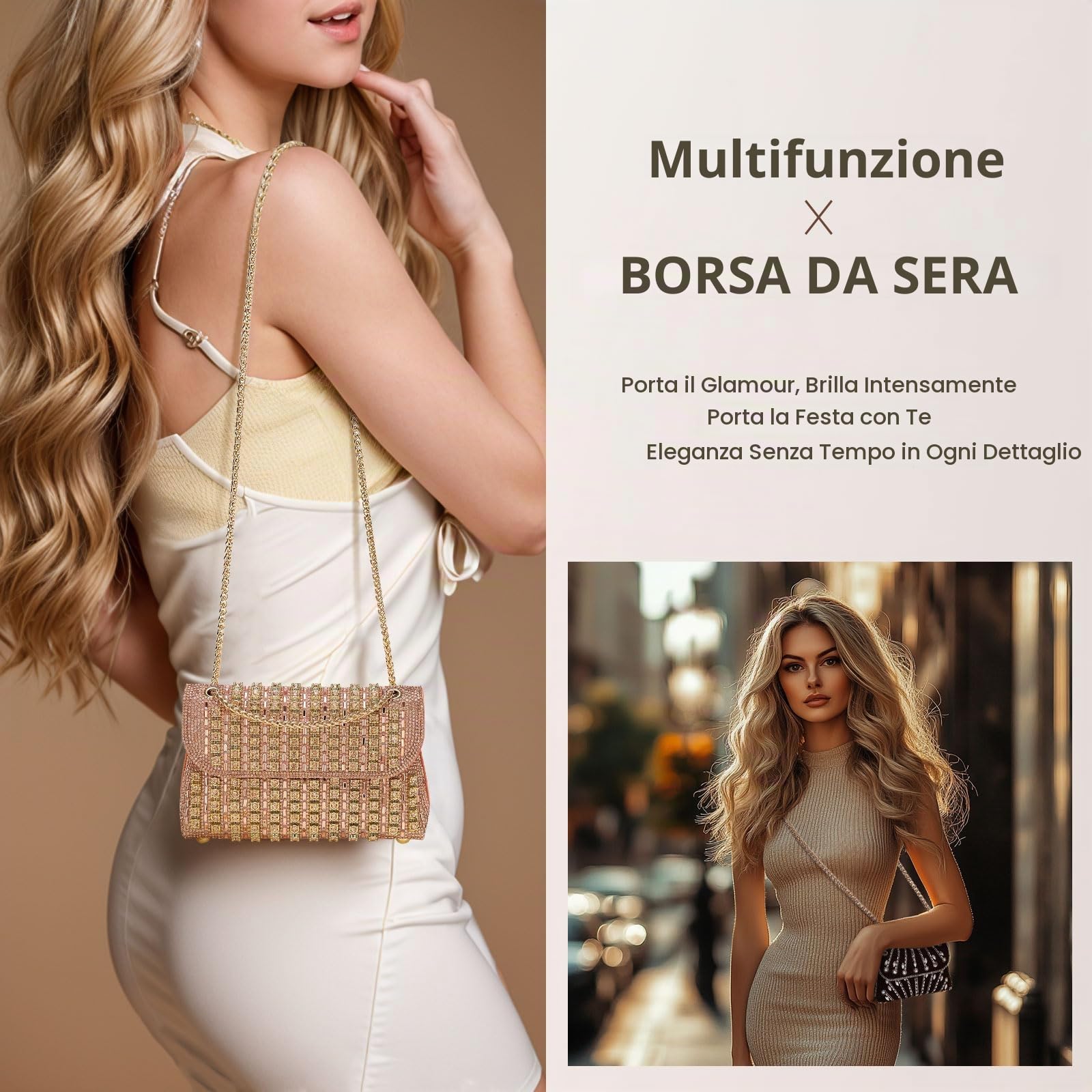 DTGN Pochette da sera da donna, formale, borsa a tracolla con catena a tracolla con strass di cristallo, scintillante ed elegante, per matrimoni, sposa, ospiti, feste, colorate, Colorato, L (US 12)