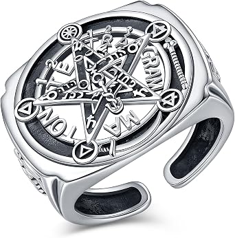 CELESTIA Mens Saint Benedict Cross Archangels Pentagram Rings 925 Silver Finger Rings for Men Adjustable Signet Ring Gothic Gifts for Dad Husband Fathers Day
