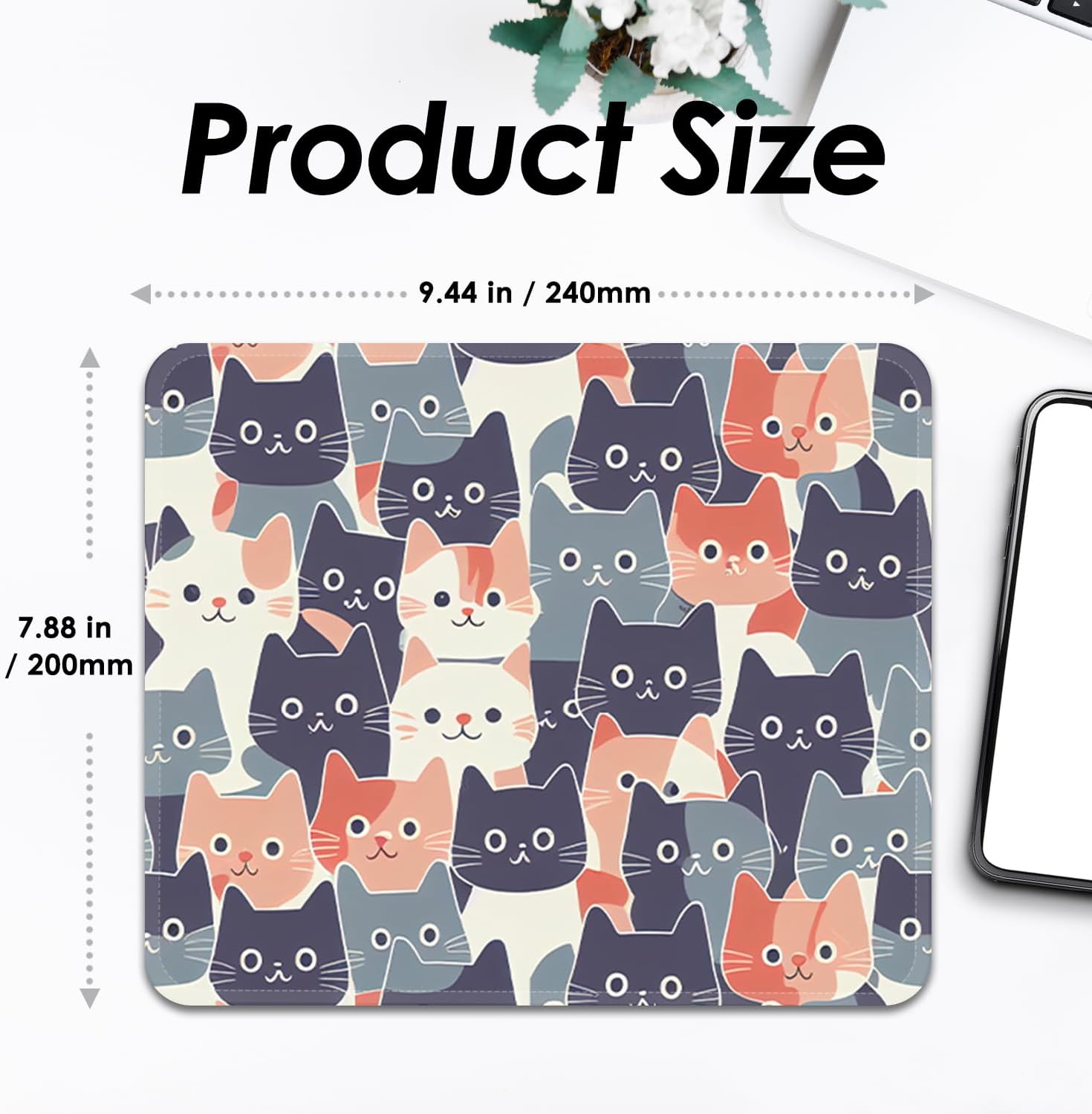 FROGIGO Mouse Pad with Stitched Edges - Cute Cat Mousepad for Women, 9.25 x 7.75 inch Washable Square Desk Pad, Non-Slip Rubber Base, Office Home Laptop Accessories - Meow Harmony image 3