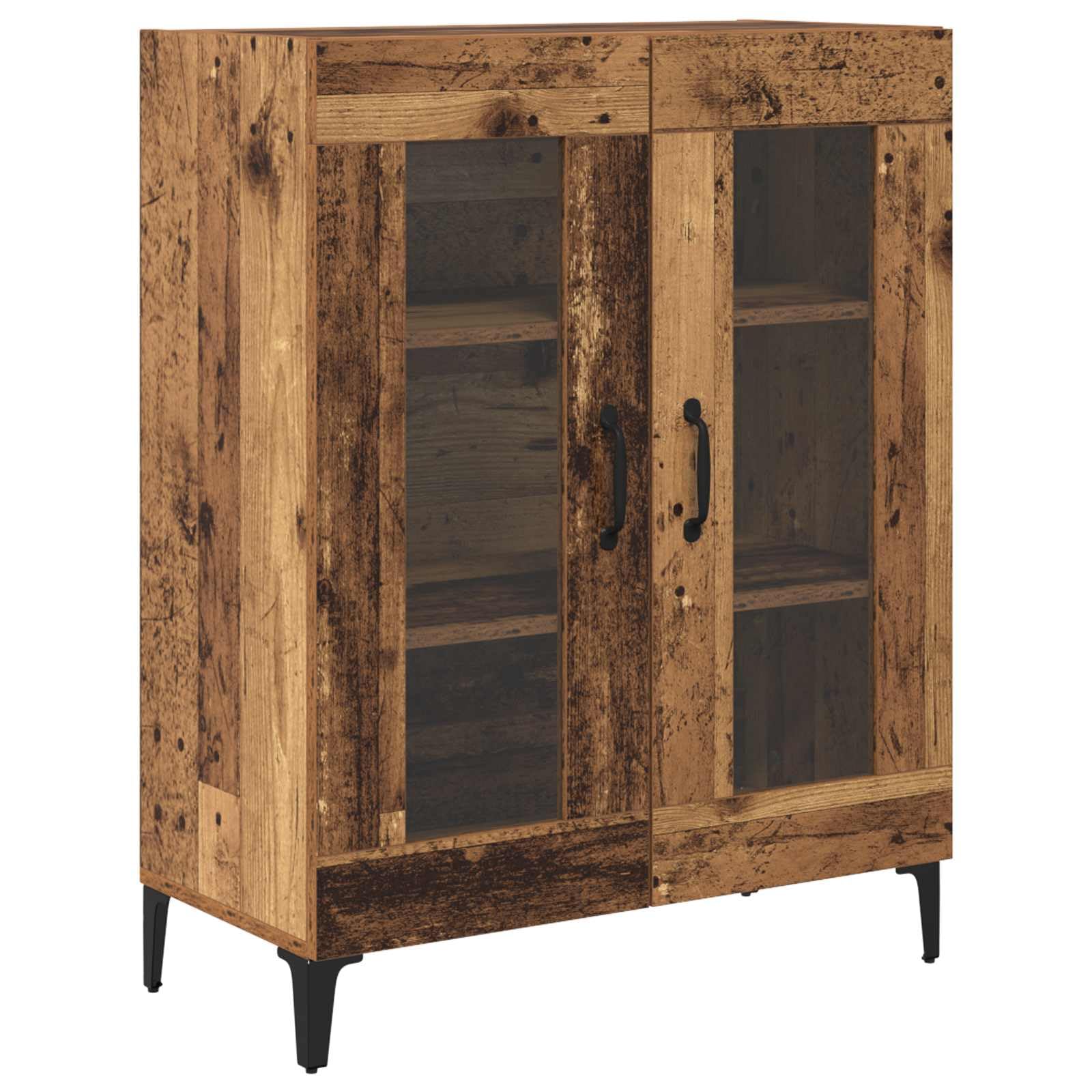 Aparador alto de madera envejecida, 69,5 x 34 x 180 cm, material de madera, con 2 puertas, estantes ajustables, patas de hierro robustas, espacio de almacenamiento versátil para comedor, salón