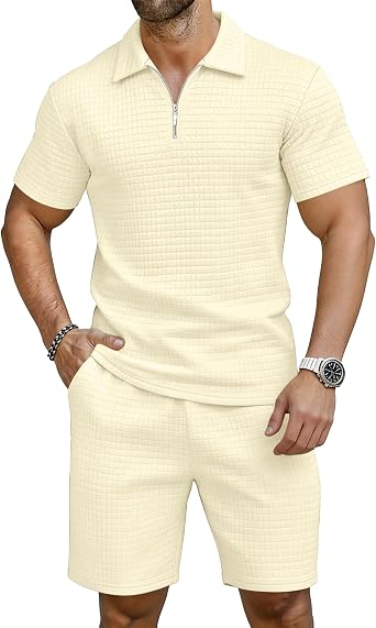 LecGee Mens 2 Peice Waffle Outfit Quarter Zip Polo Shirt and Shorts Sets Casual Summer Tracksuit