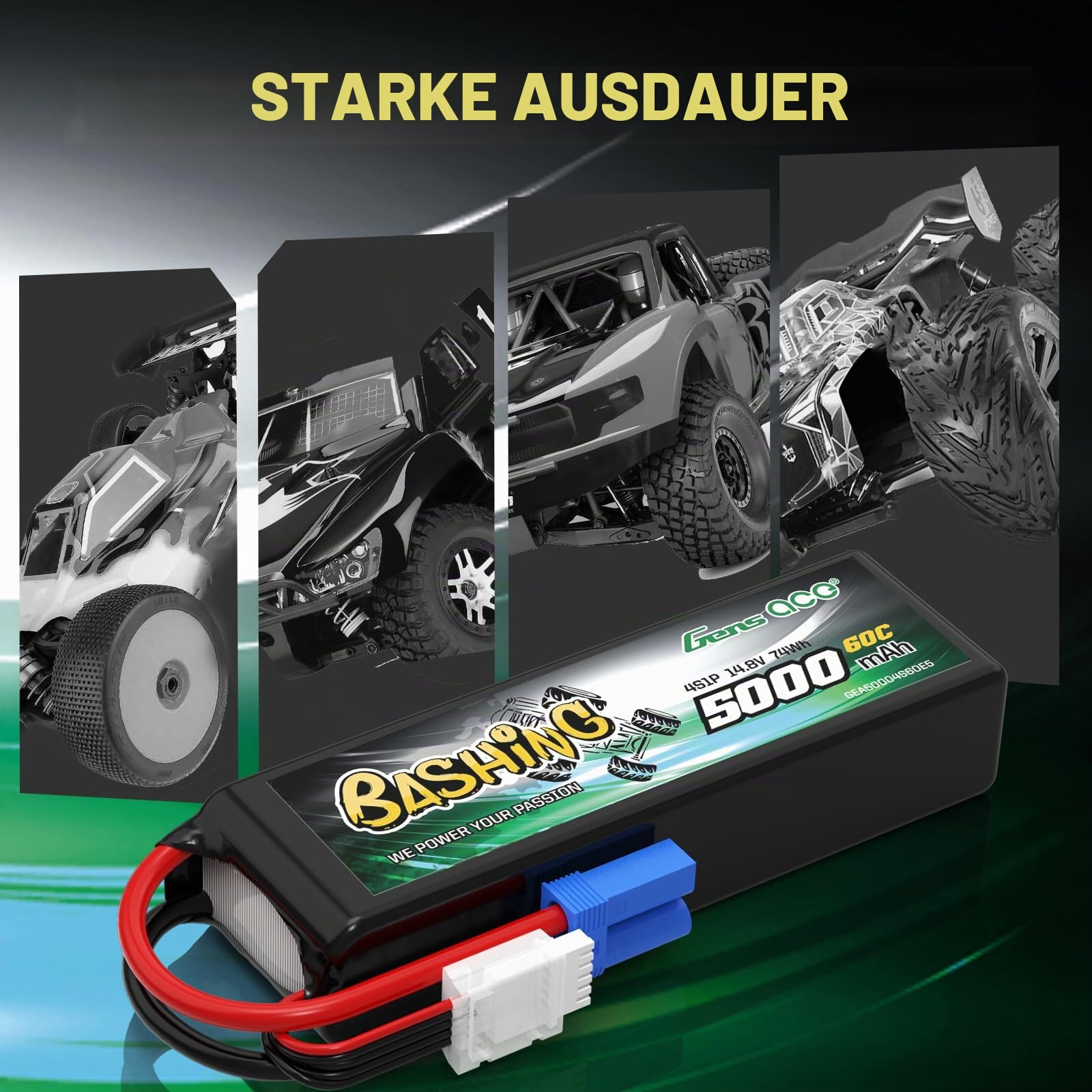 Gens Ace 4S LiPo Akku 5000mAh 14.8V 60C mit EC5 Steck Bashing Batterie für RC Auto, RC Flugzeug, RC Hubschrauber, RC Hobby