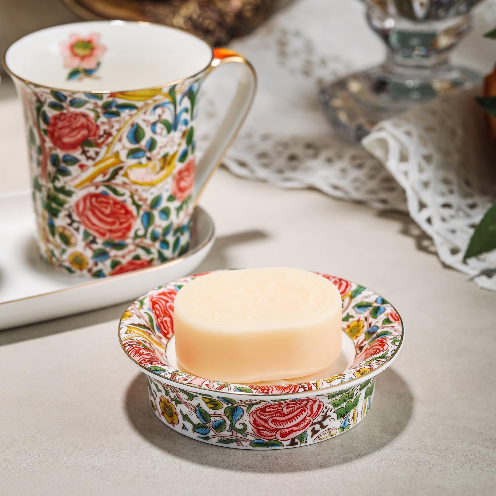 ACMLIFE Bathroom Soap Dishes for Bar Soap, Ceramic Soap Dish for Bathroom Sink, Decorative Floral Soap Dish with Drain Holes, Gift Box