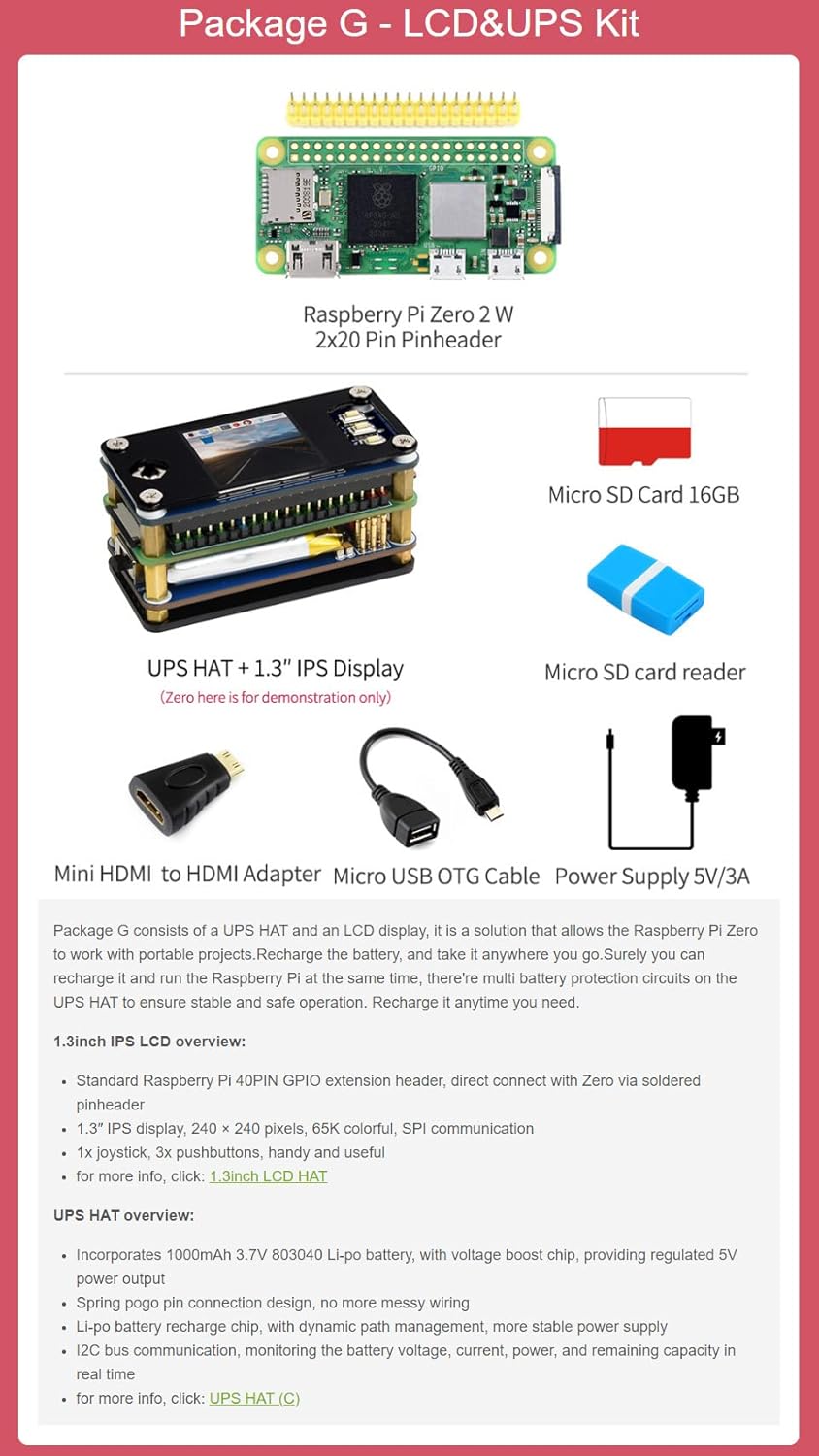 Waveshare Package G Compatible with Raspberry Pi Zero 2 W Bundle with USB HAT+1.3″IPS Display Power Supply 5V/3A Micro Card 16GB Card Reader and So On (8 Items)