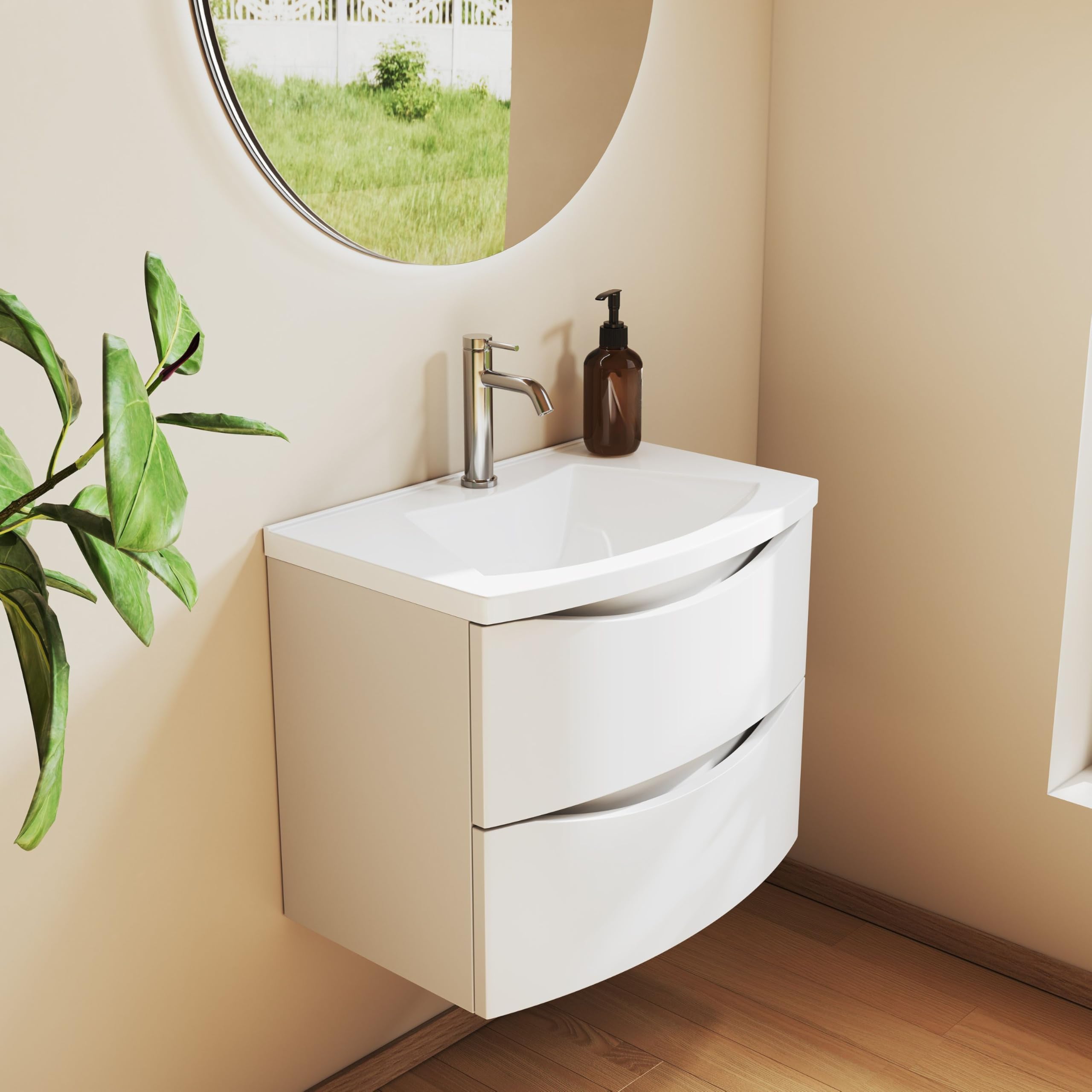 Mueble de Baño 60 cm con Lavabo de Fundición Mineral, 2 Cajones Soft-Close, Compacto, Blanco Mate