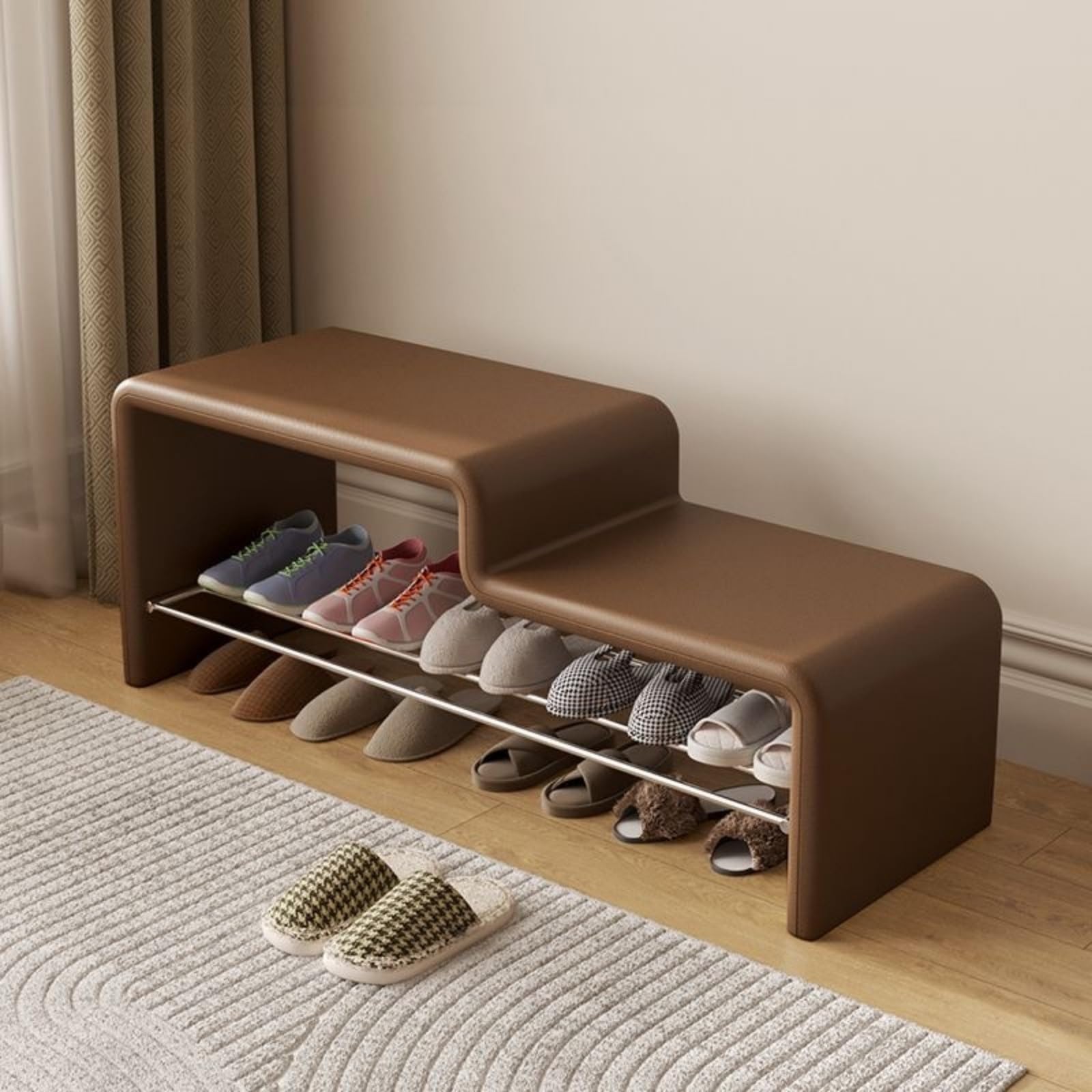 Banc à chaussures d'entrée moderne 2 niveaux avec tabouret rembourré et meuble de rangement