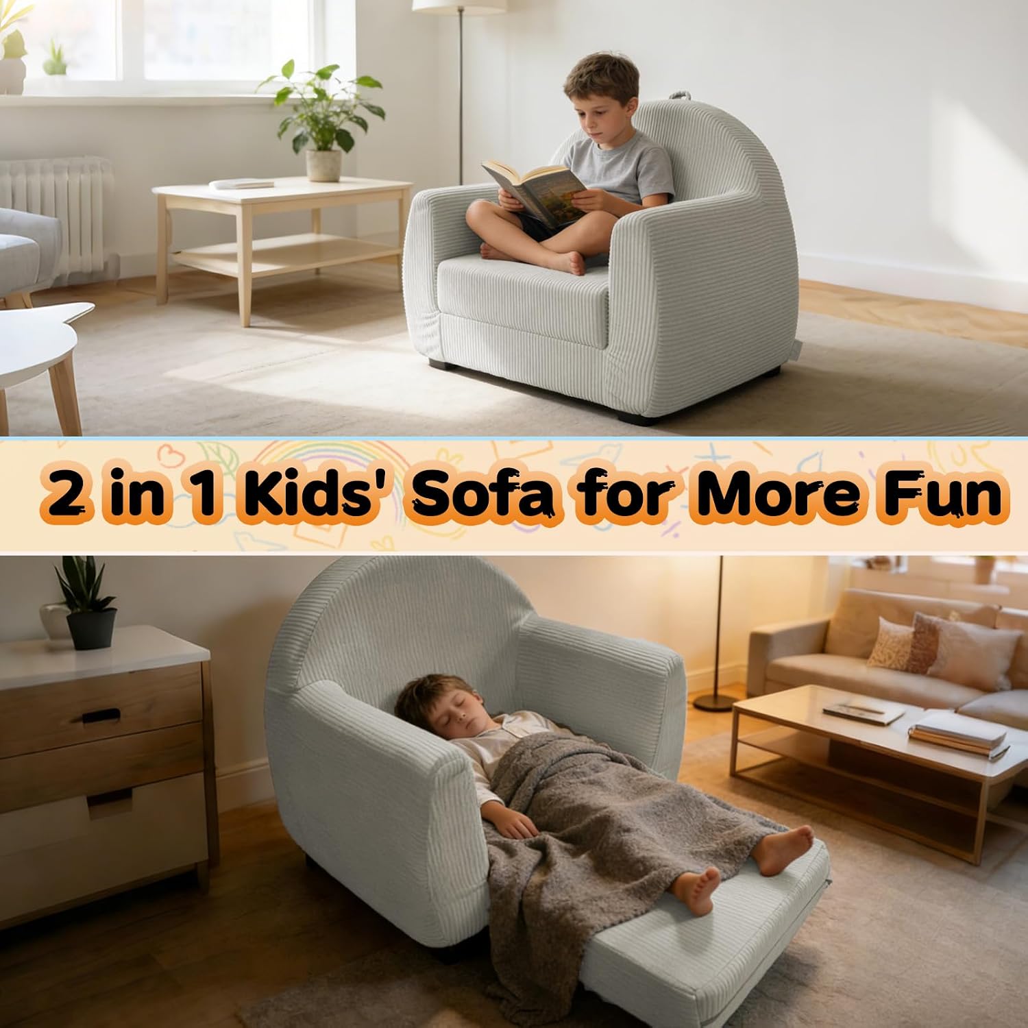 Toddler Couch, Soft Kids Couch Bed Fold Out, 2-in-1 Kid Chairs Comfy, Toddler Chair 1-8 Years Old, Toddler Chairs Comfy, Kid Sofa Lounge Chair(100% Polyester, Light Grey, 27.5"×17.7"×20.8")